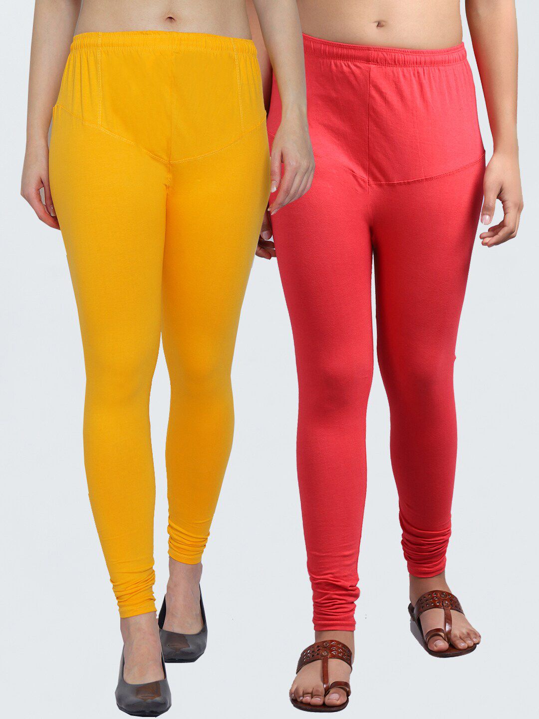 GRACIT Women Pack Of 2 Yellow & Coral Solid Churidar-Length Leggings Price in India