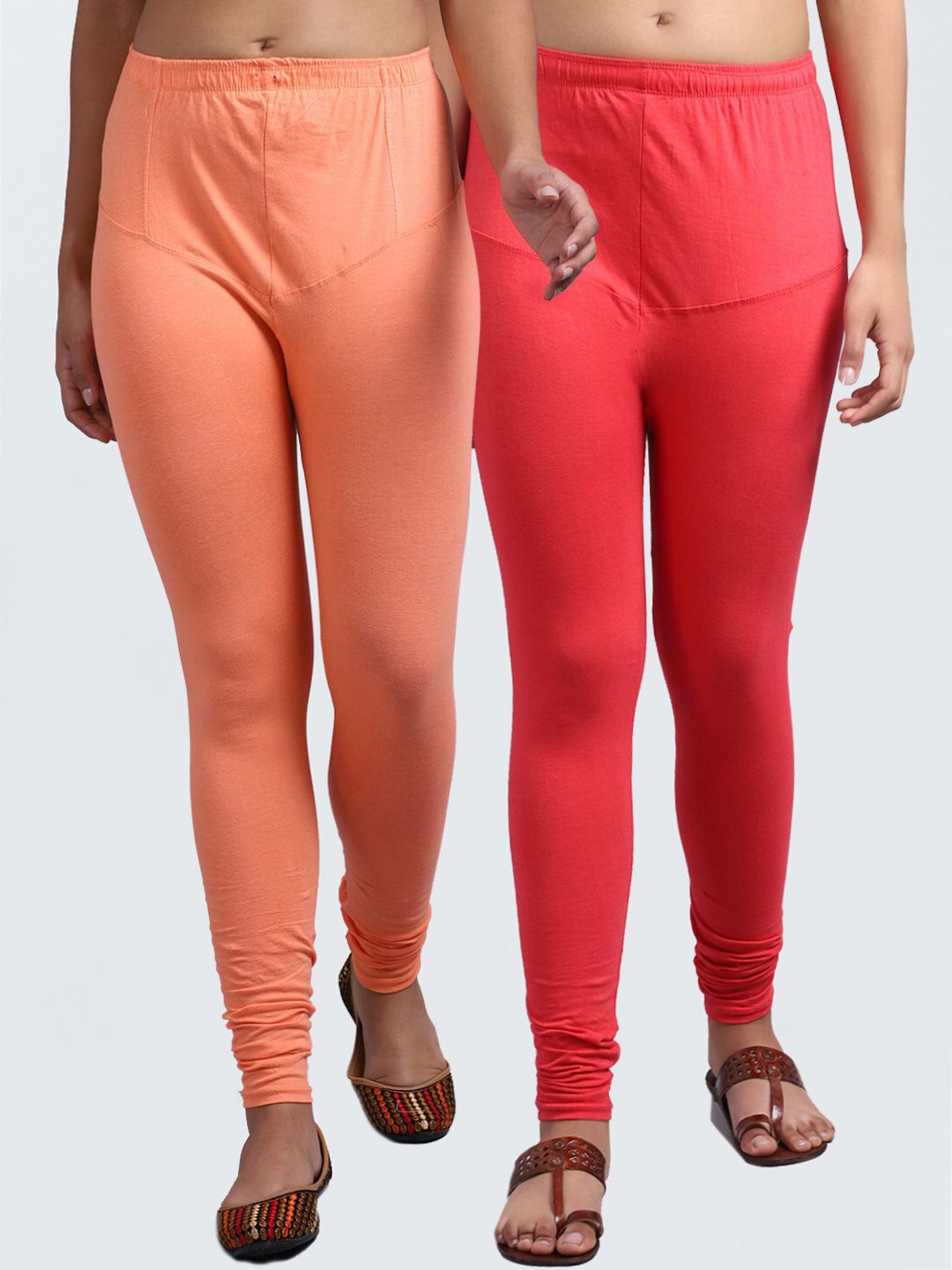 GRACIT Women Peach & Gajri Pack Of 2 Solid Churidar-Length Leggings Price in India