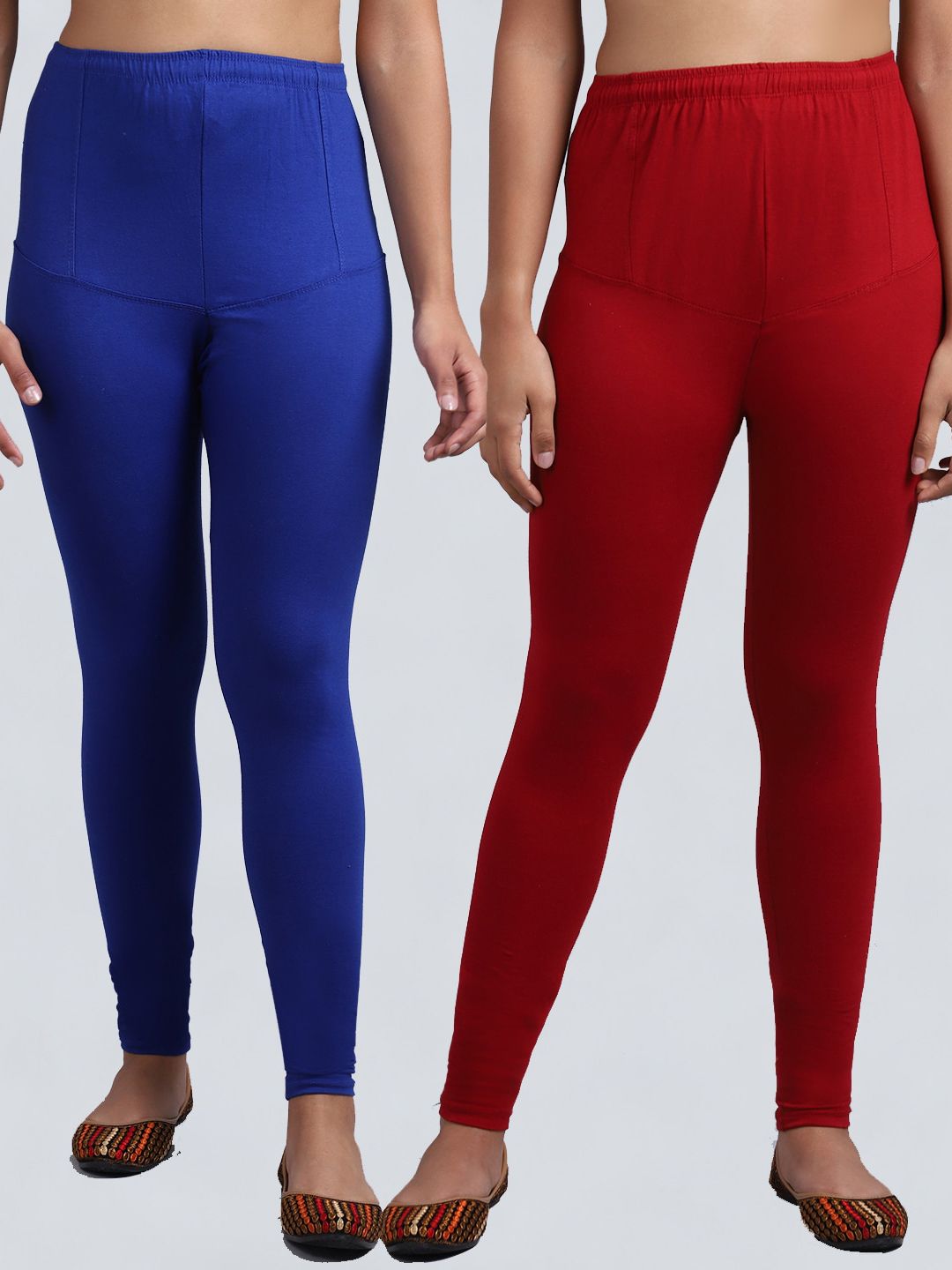 GRACIT Women Blue & Maroon Set of 2 Solid Cotton Leggings Price in India