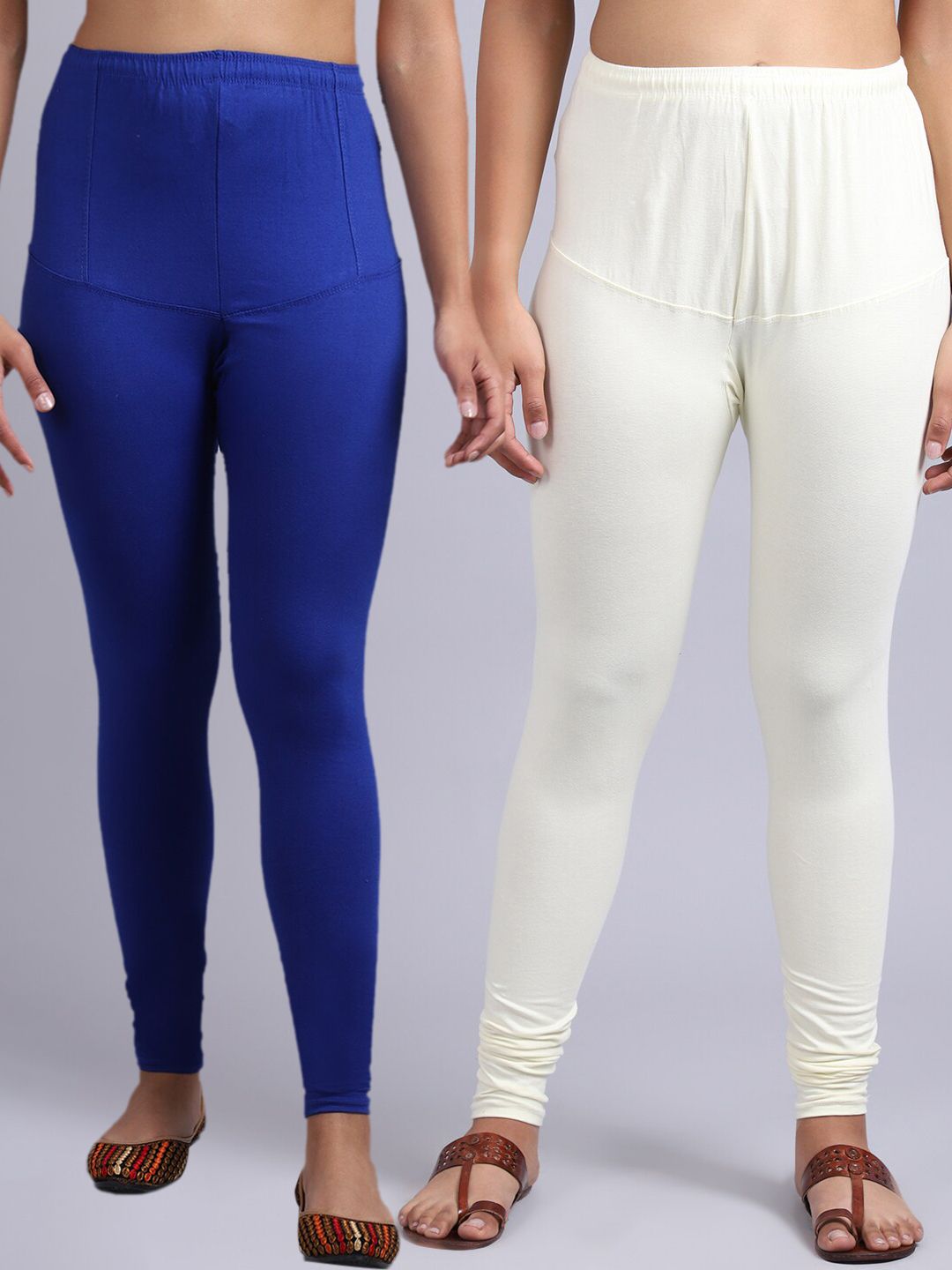 GRACIT Women Pack Of 2 Blue & Off-White Solid Churidar-Length Leggings Price in India