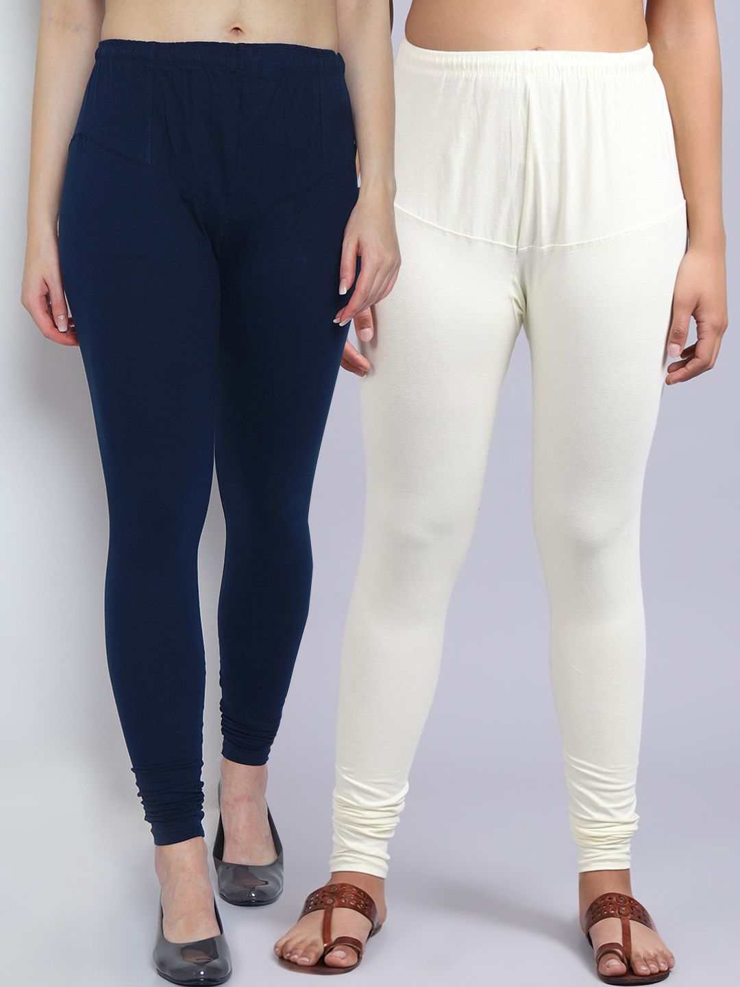 GRACIT Women Pack of 2 Navy Blue & Off White Churidar Length Leggings Price in India