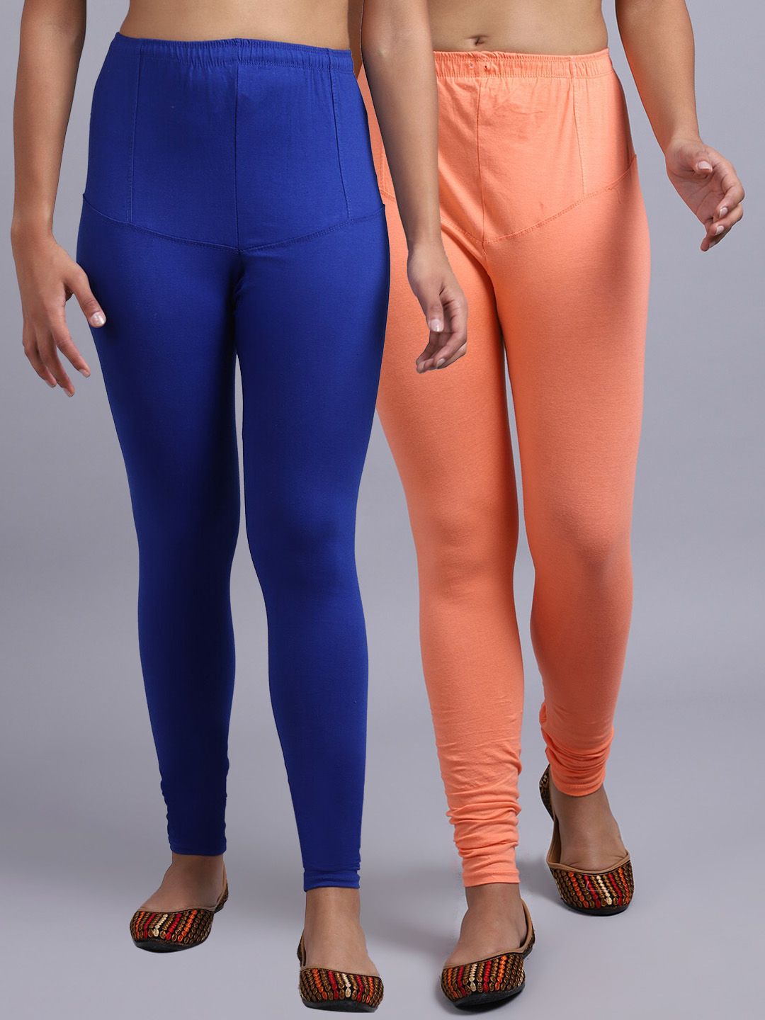 GRACIT Women Pack of 2 Blue & Peach Solid Churidar Length Leggings Price in India