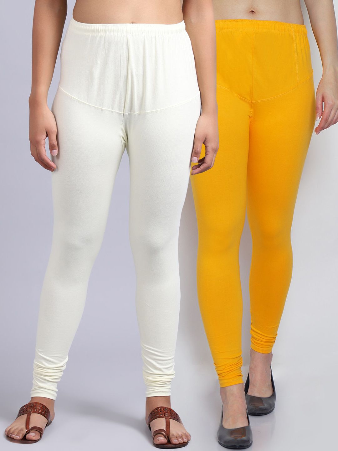 GRACIT Women Pack Of 2 Yellow & Off White Solid Churidar-Length Leggings Price in India