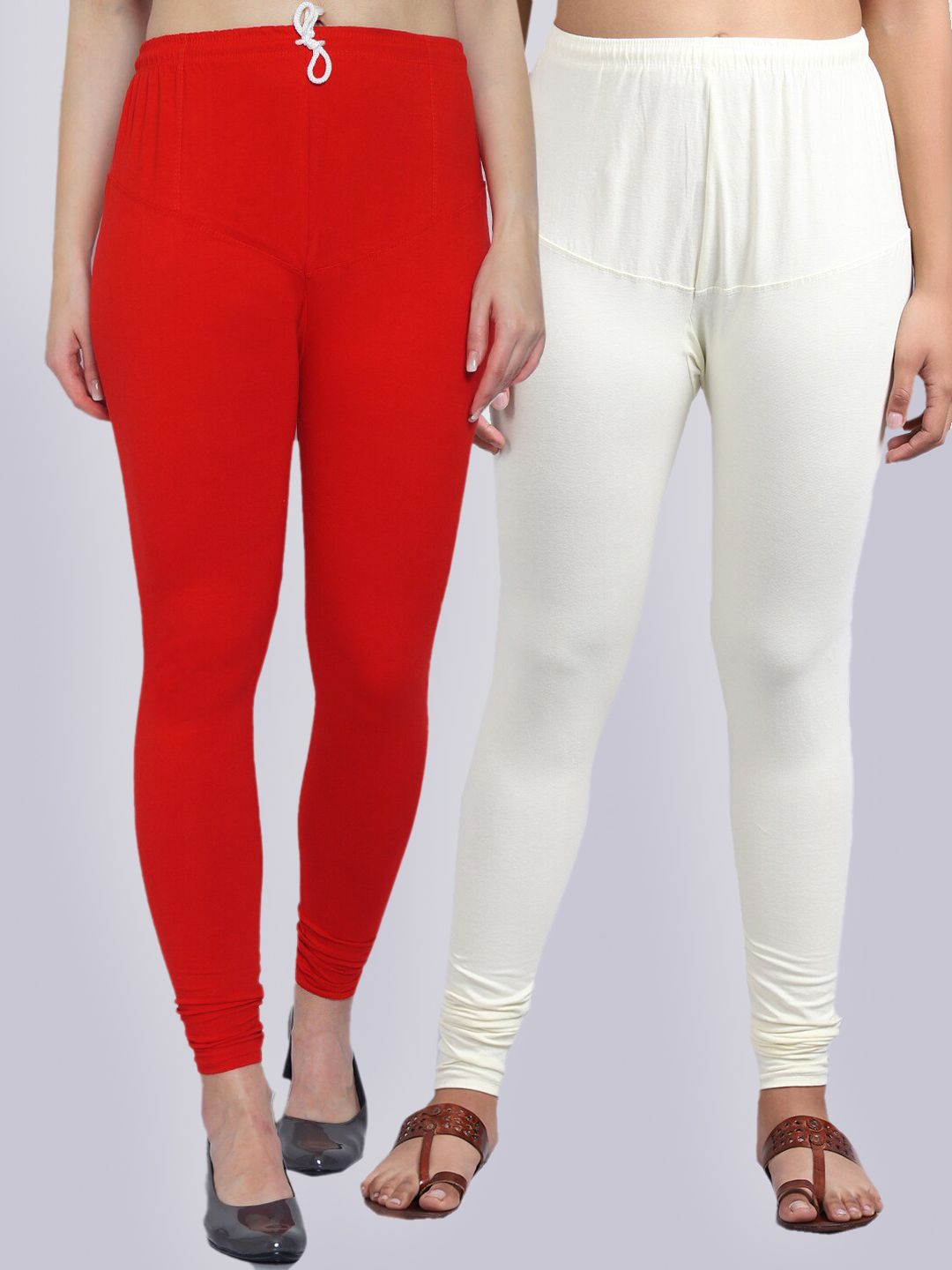 GRACIT Women Pack Of 2  Red & Off WhiteSolid Churidar-Length Leggings Price in India