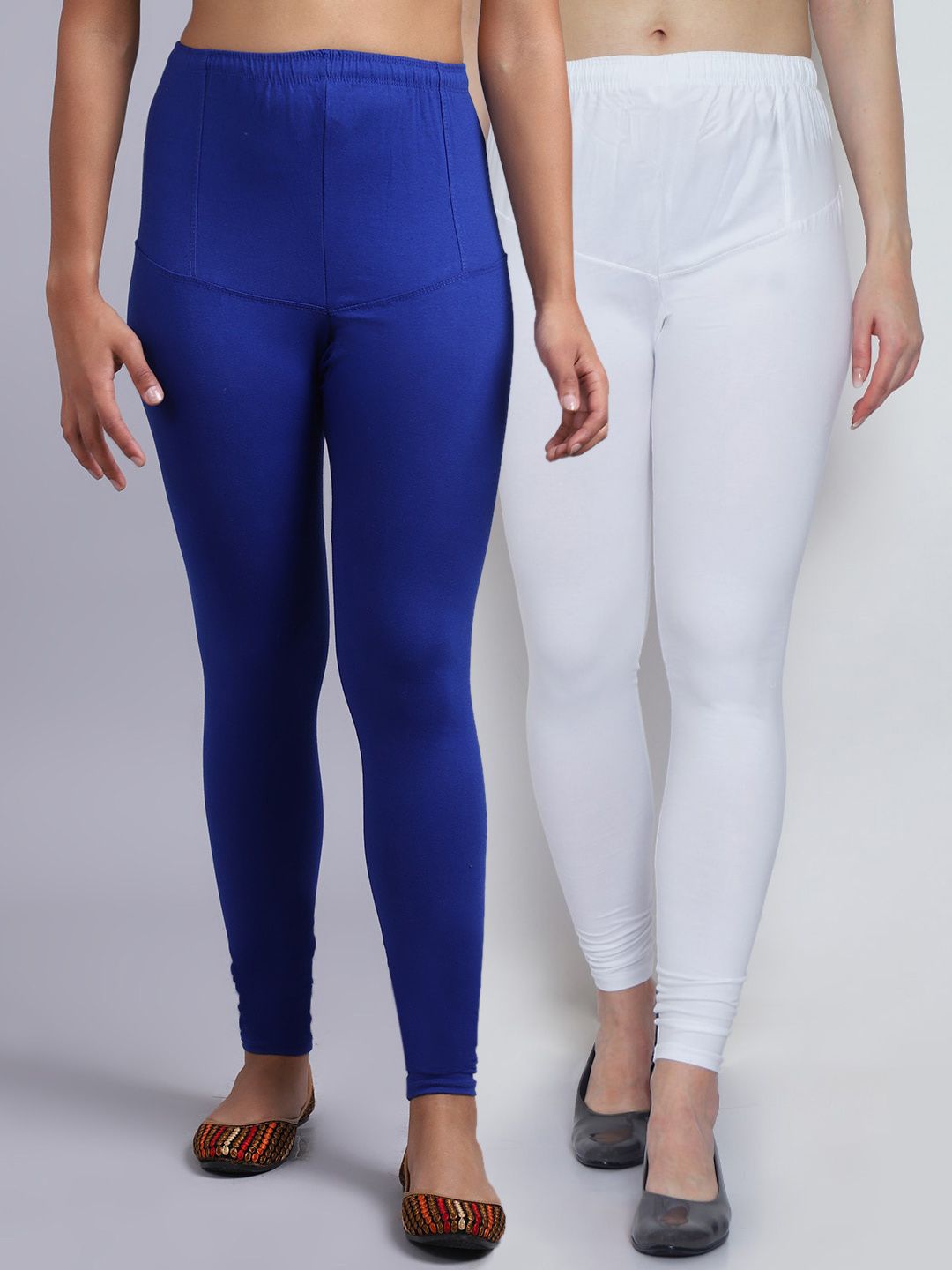 GRACIT Women White & Blue Set of 2 Solid Cotton Leggings Price in India