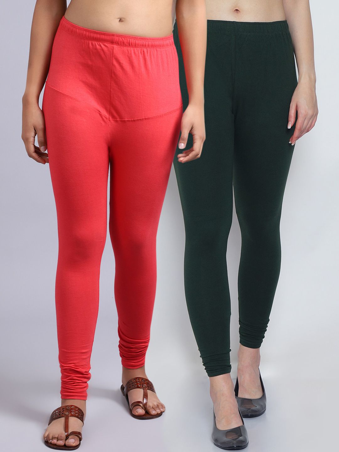 GRACIT Women Pack Of 2 Green And Red Solid Cotton Leggings Price in India