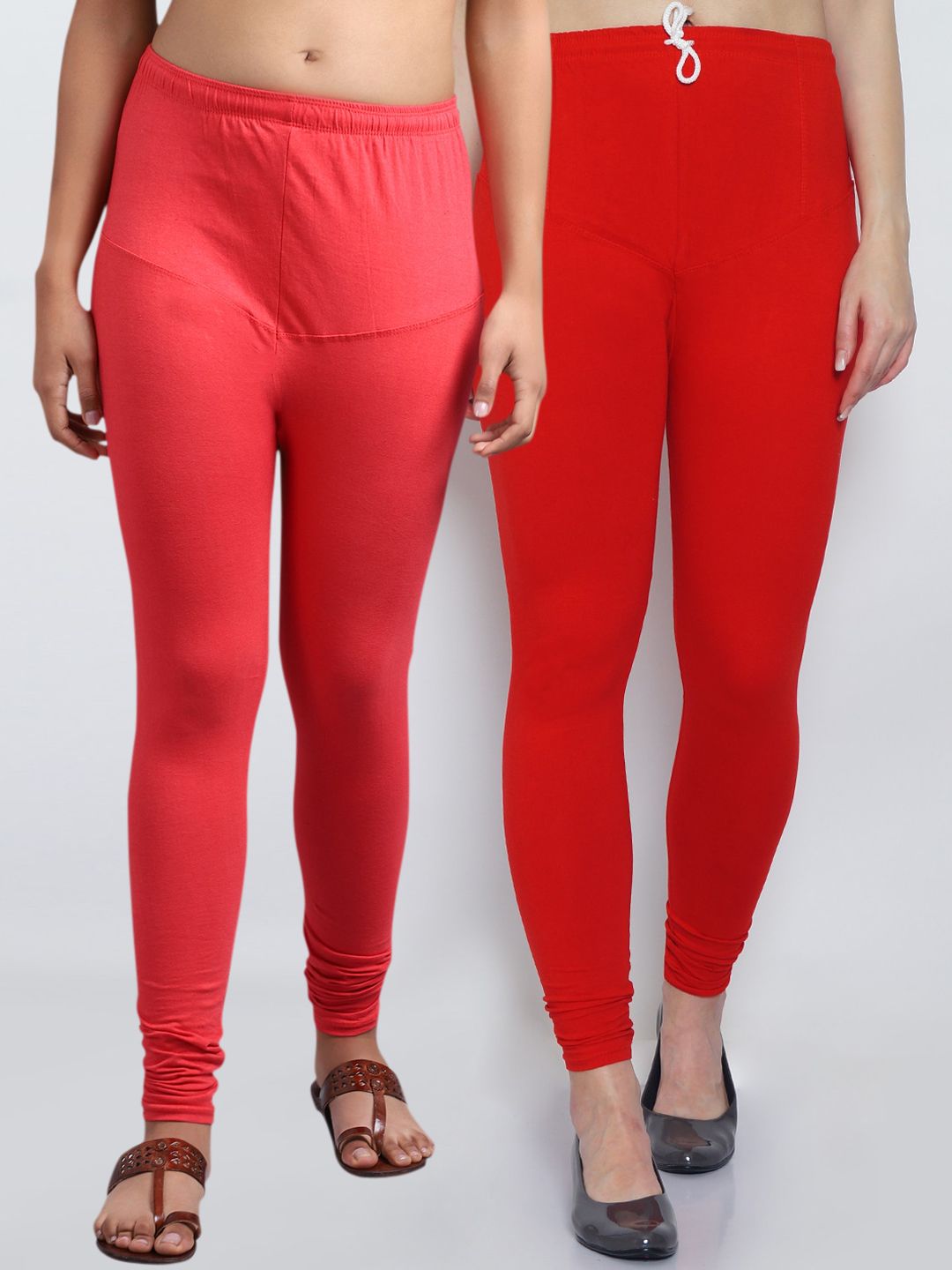 GRACIT Women Pack Of 2 Red & Peach Coloured Solid Churidar-Length Leggings Price in India