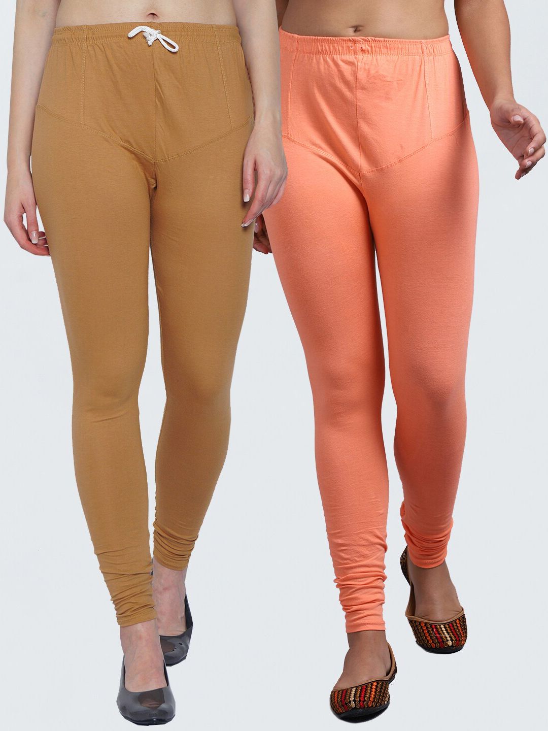 GRACIT Women Pack Of 2 Peach Coloured & Nude Coloured Solid Churidar-Length Leggings Price in India