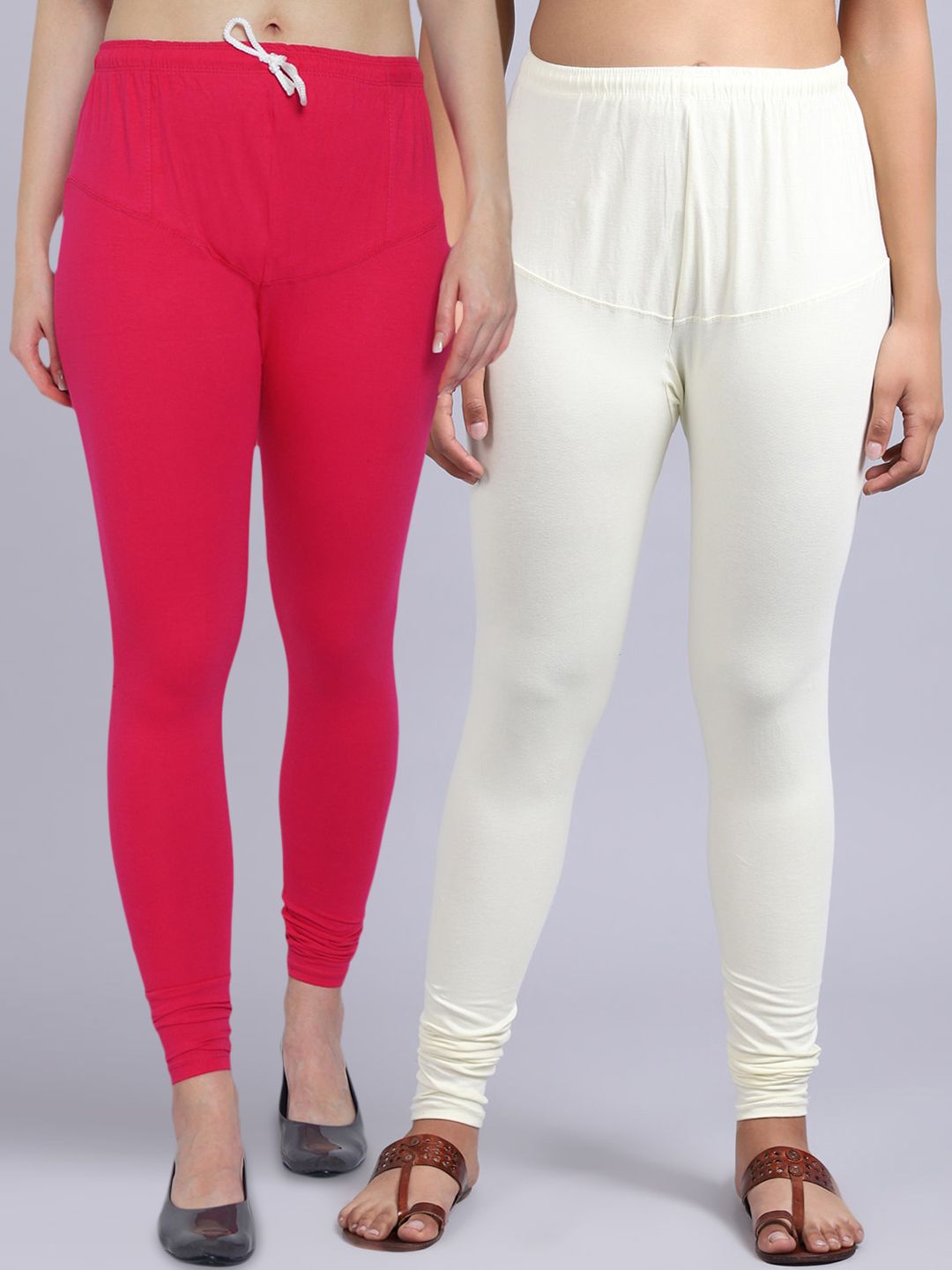 GRACIT Pack of 2 Women Pink & Off-White Solid Cotton Churidar Length Leggings Price in India