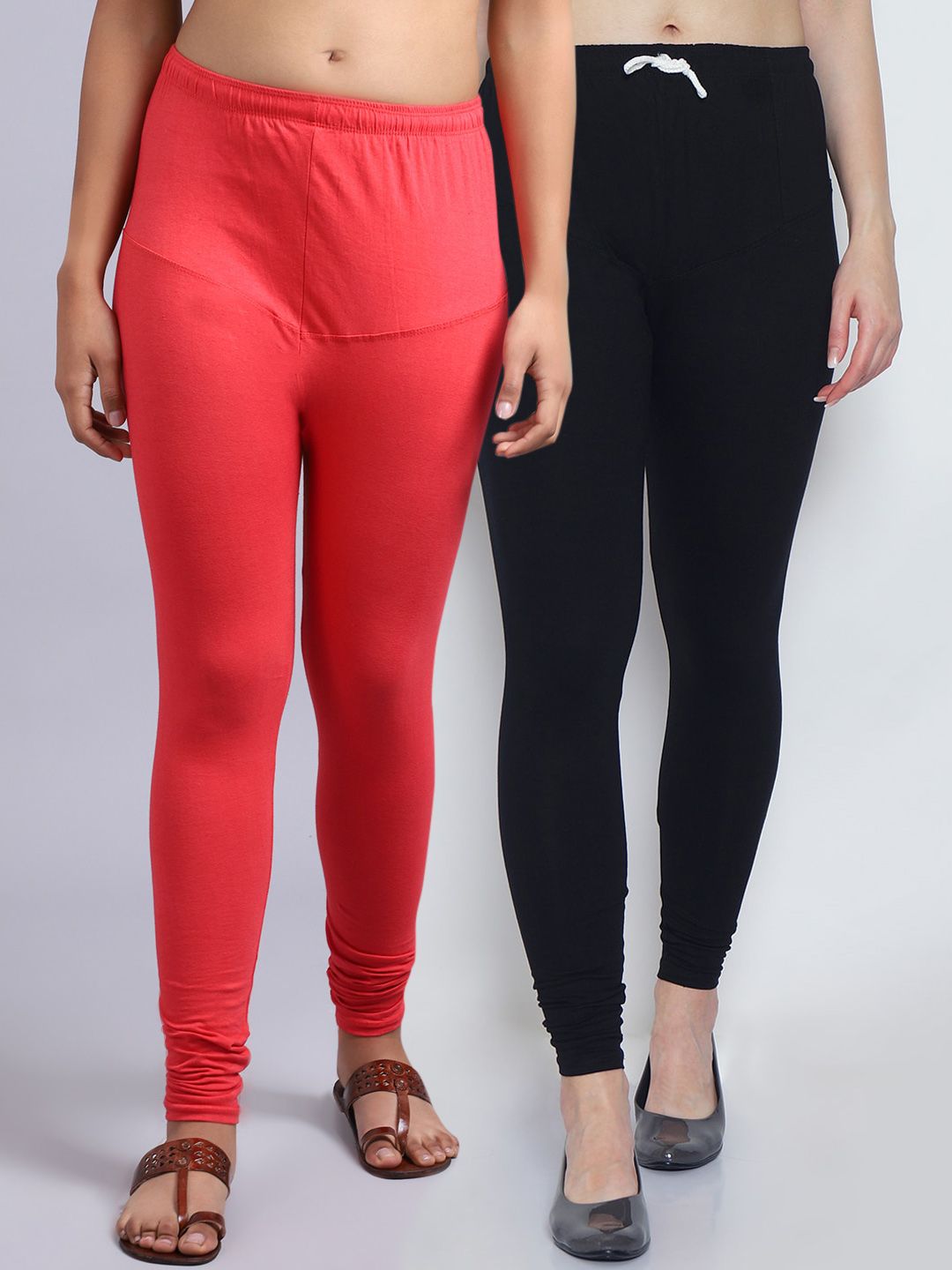 GRACIT Women Pack of 2 Black & Red Solid Churidar Length Leggings Price in India