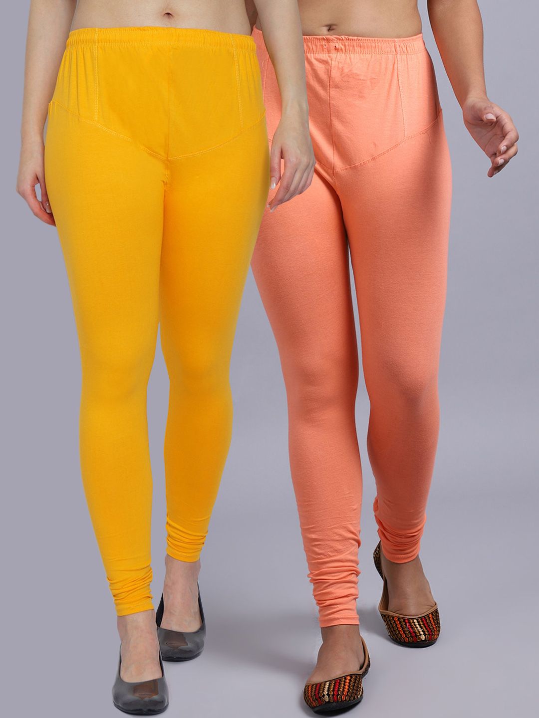 GRACIT Women Yellow & Peach Set of 2 Solid Cotton Leggings Price in India