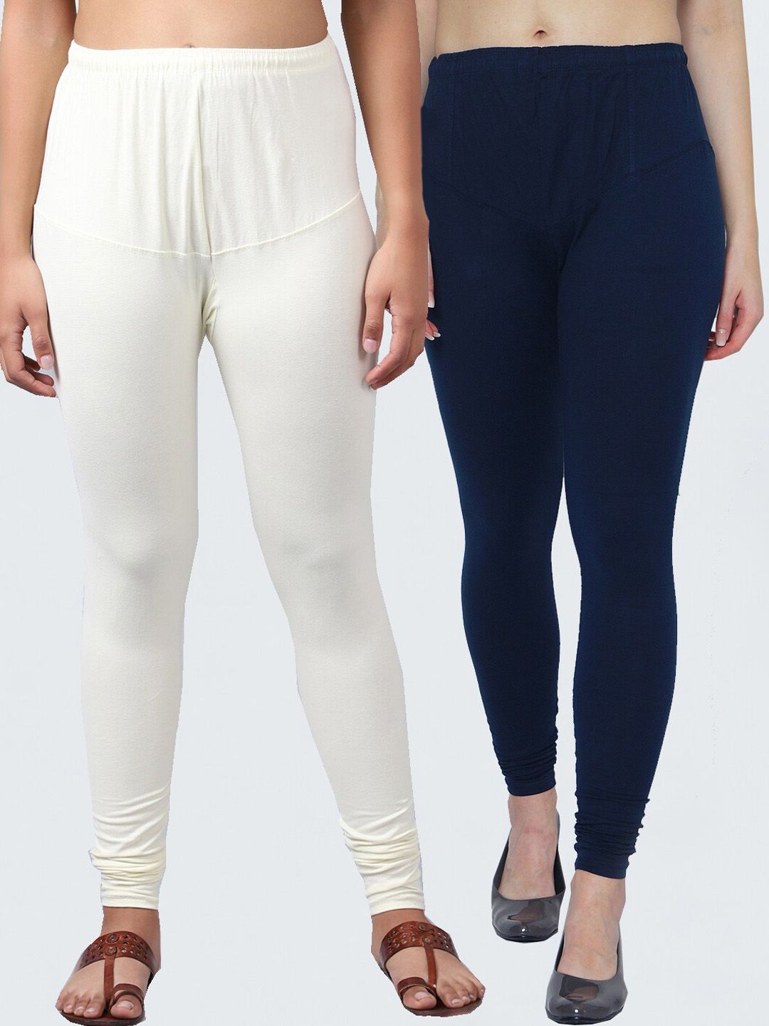 GRACIT Women Pack of 2 Navy Blue And White Solid Cotton Leggings Price in India