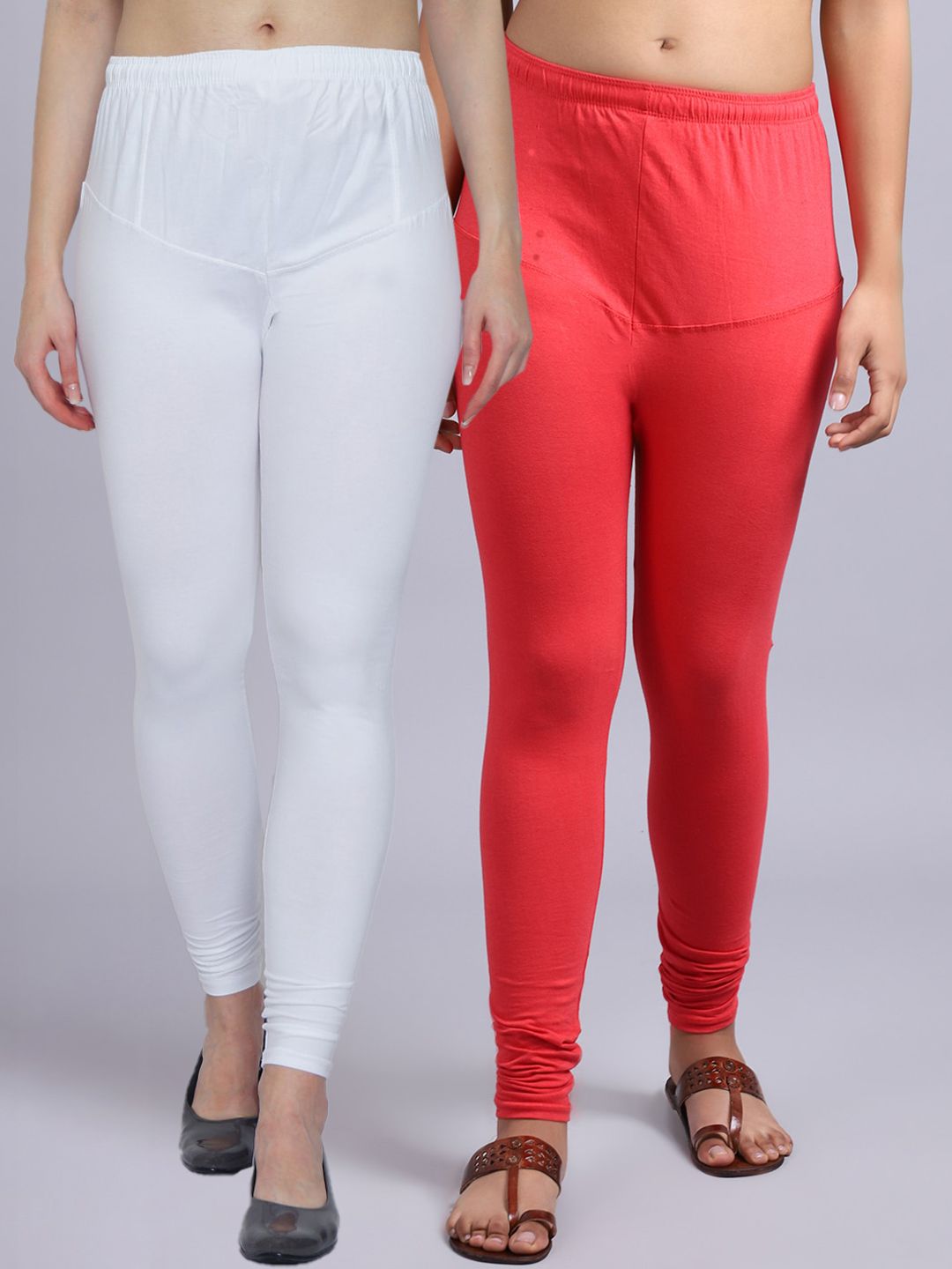 GRACIT Women Pack Of 2 White & Orange Coloured Solid Churidar-Length Leggings Price in India