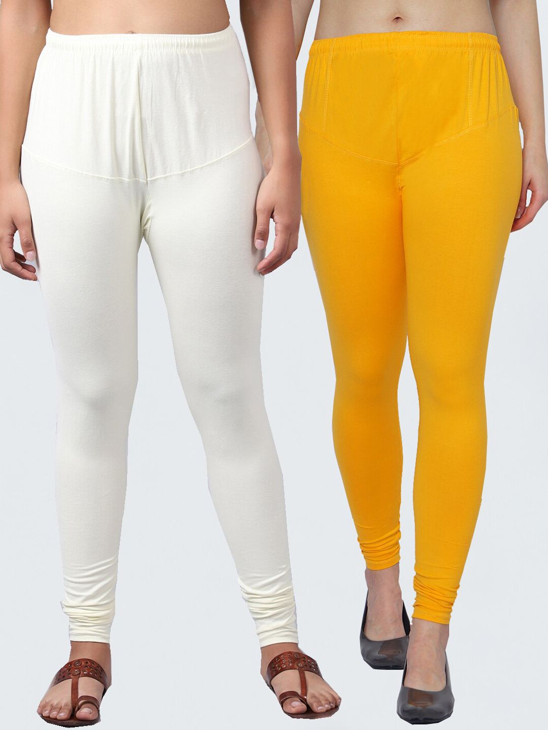 GRACIT Women Pack Of 2 Yellow & Off White Solid Churidar-Length Leggings Price in India