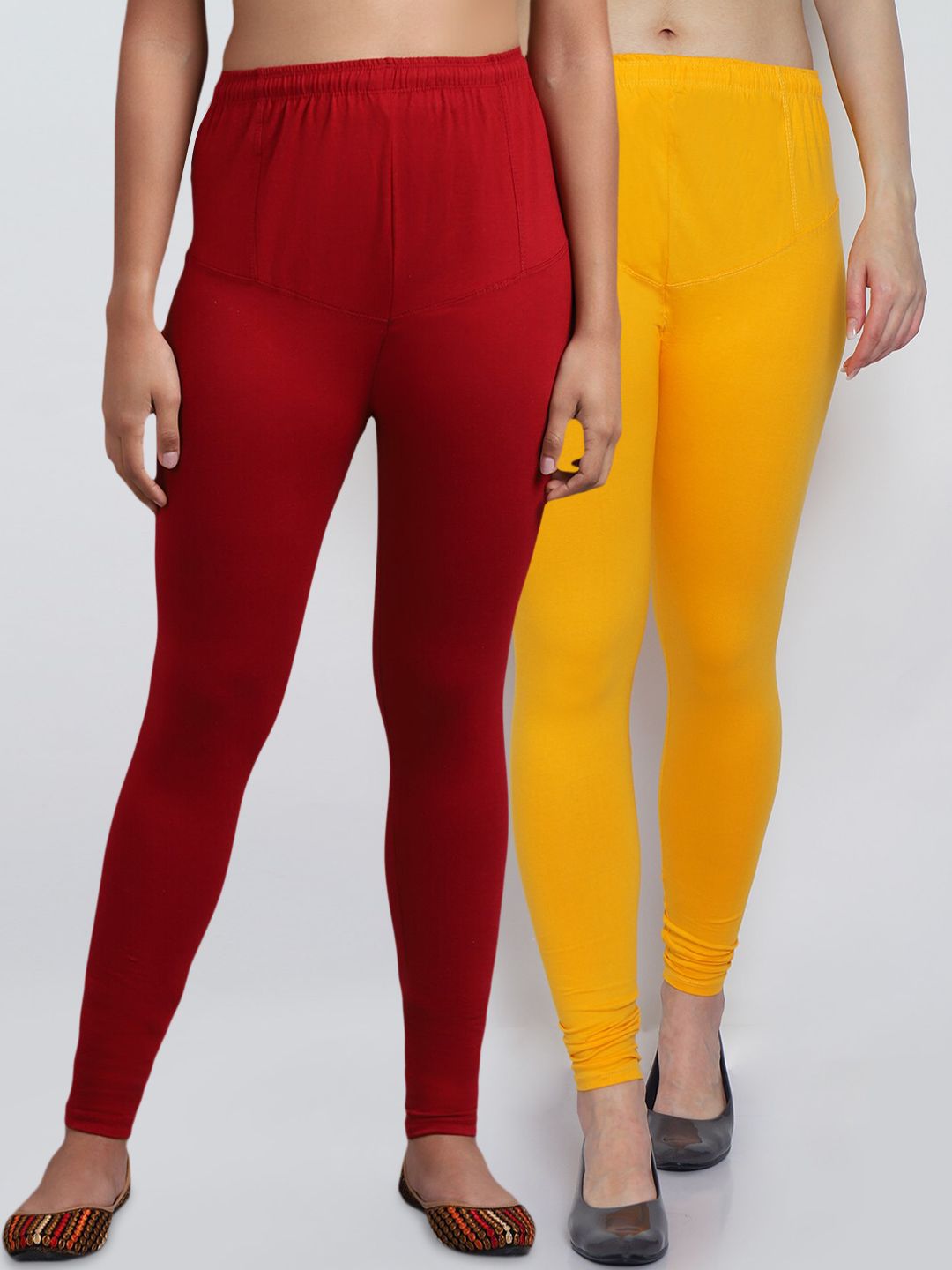 GRACIT Women Pack Of 2 Yellow & Maroon Solid Churidar-Length Leggings Price in India