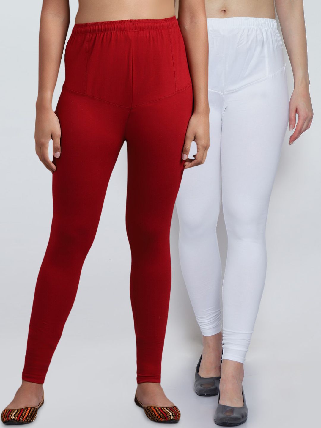 GRACIT Women Pack Of 2 White & Maroon Solid Churidar-Length Leggings Price in India