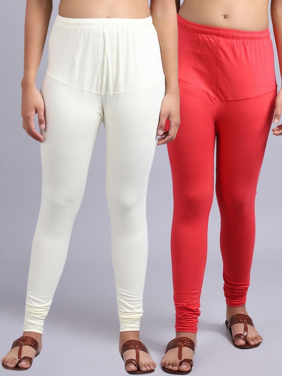 GRACIT Women Pack Of 2 Pink & Off-white Solid Cotton Churidar-Length Leggings Price in India