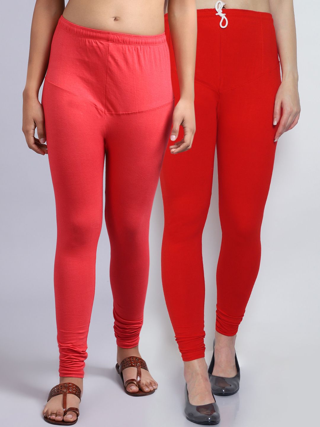 GRACIT Women Red and Peach Pack Of 2 Solid Churidar-Length Leggings Price in India