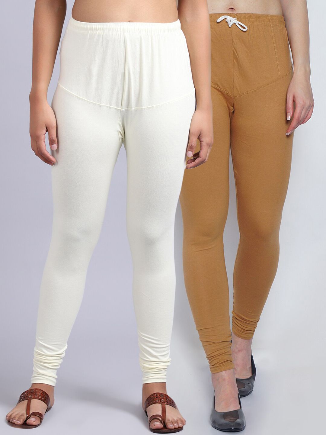 GRACIT Women Pack Of 2 Solid Dark Skin, Off White Churidar-Length Leggings Price in India