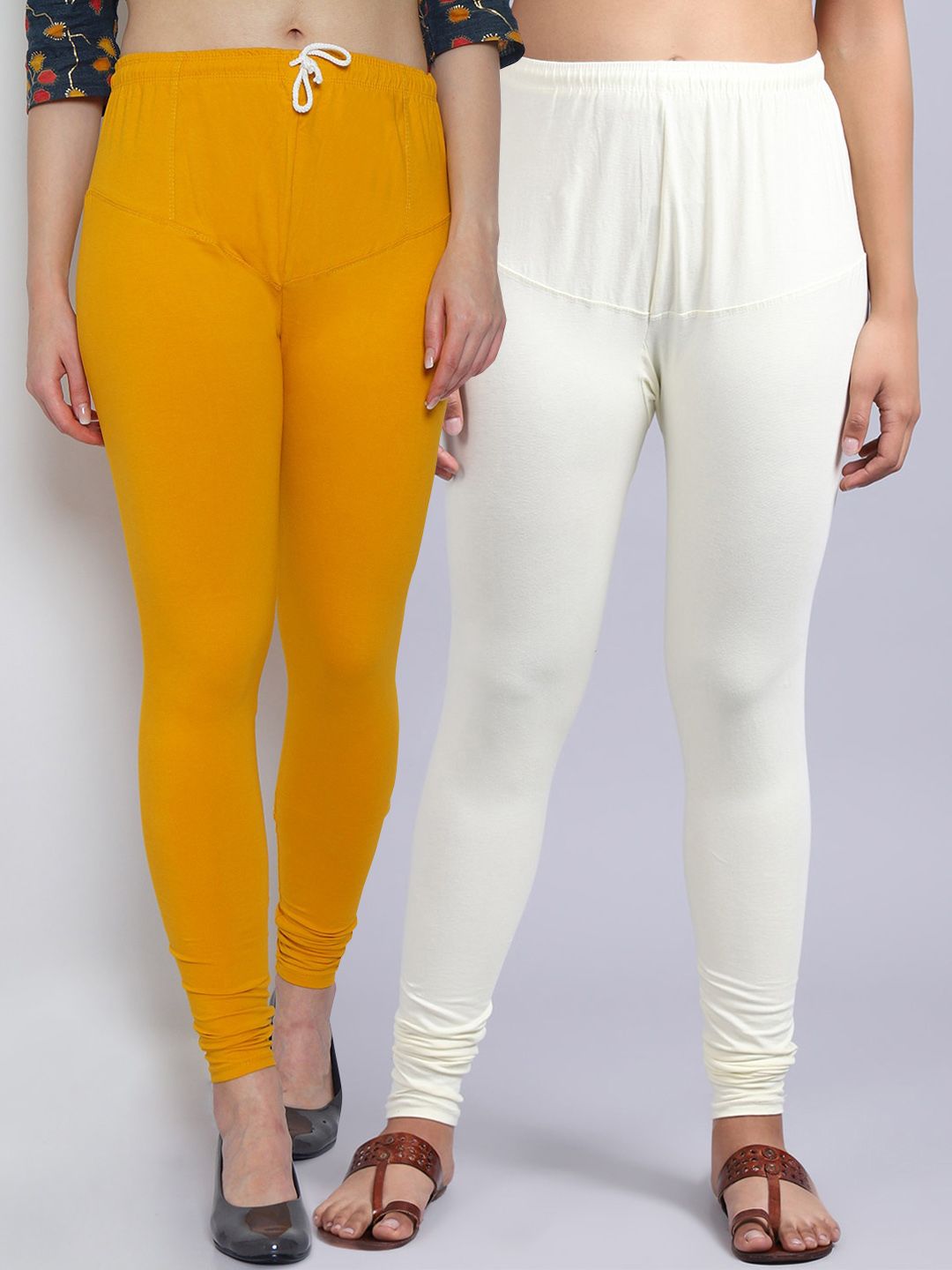 GRACIT Women Pack Of 2  Yellow And White Solid Cotton Leggings Price in India