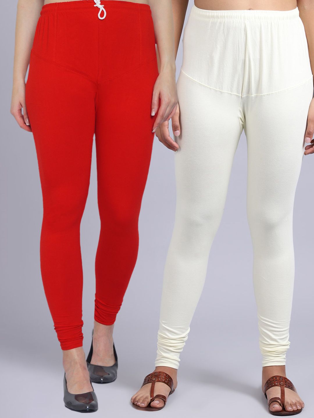 GRACIT Women Pack of 2 Red & White Solid Cotton Leggings Price in India