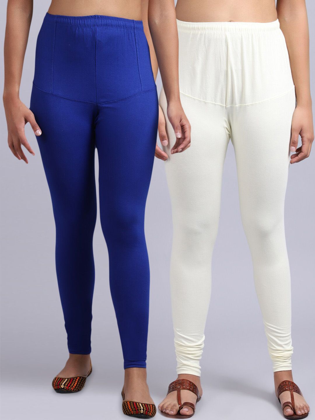 GRACIT Women Blue & Off White Pack of 2 Solid Churidar Length Legging Price in India