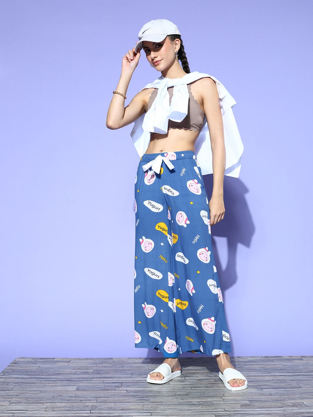Sweet Dreams Women Blue & White Conversational Print Wide Leg Flared Lounge Pants Price in India