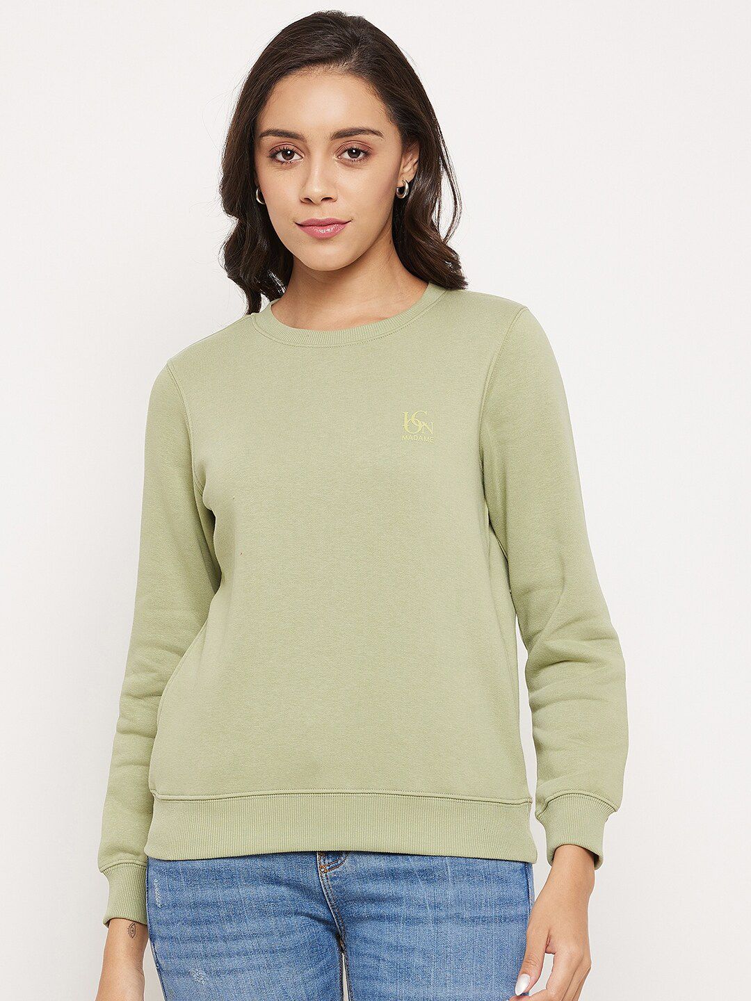 Madame Women Green Solid Fleece Sweatshirt Price in India