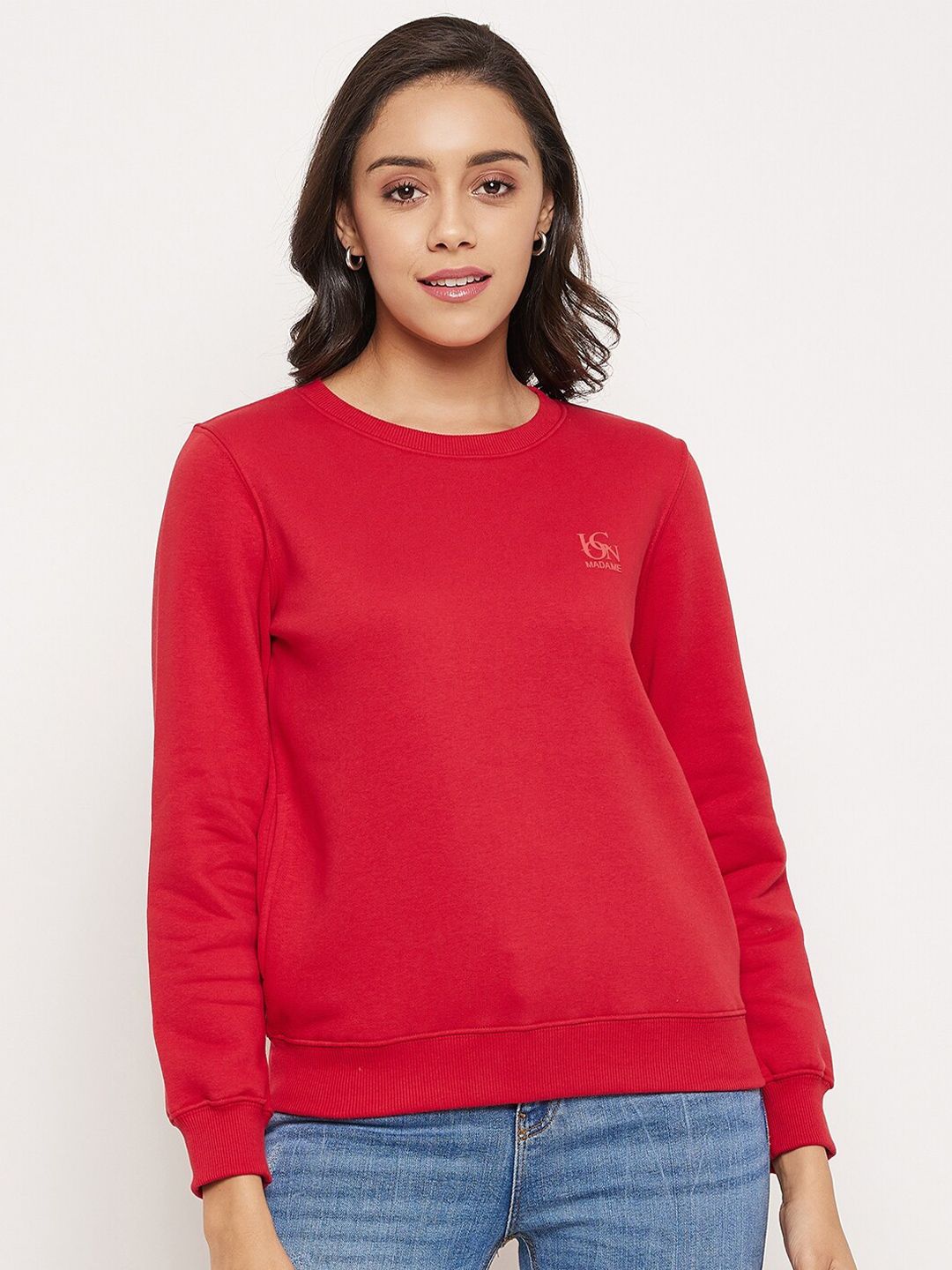 Madame Women Red Solid Sweatshirt Price in India