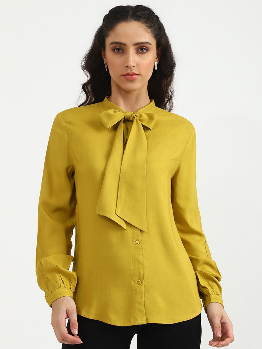 United Colors of Benetton Mustard Yellow Solid Tie-Up Neck Top Price in India