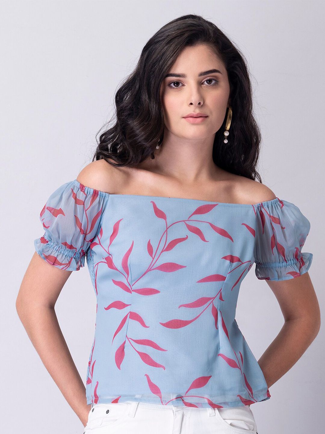 FabAlley Blue & Red Conversational Printed Off-Shoulder Georgette Bardot Top Price in India