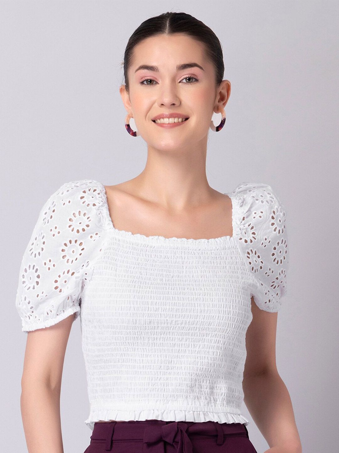 FabAlley White Schiffli  Smocked Crop Square Neck Top Price in India