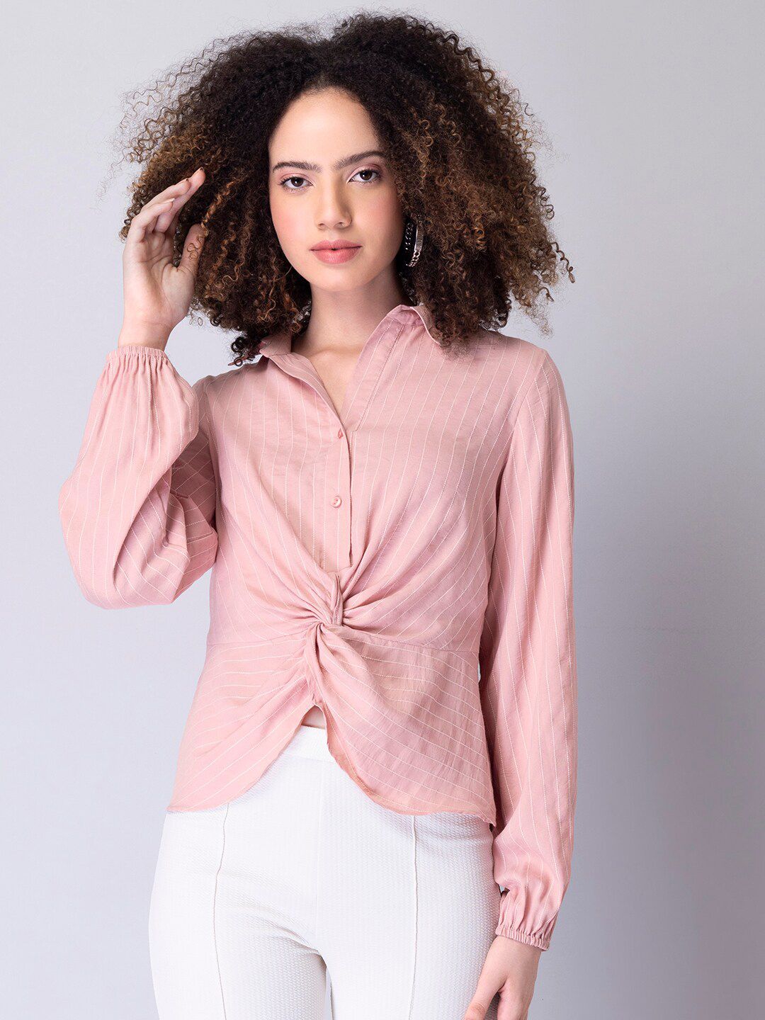 FabAlley  Women Pink Striped Front Knot Shirt Price in India