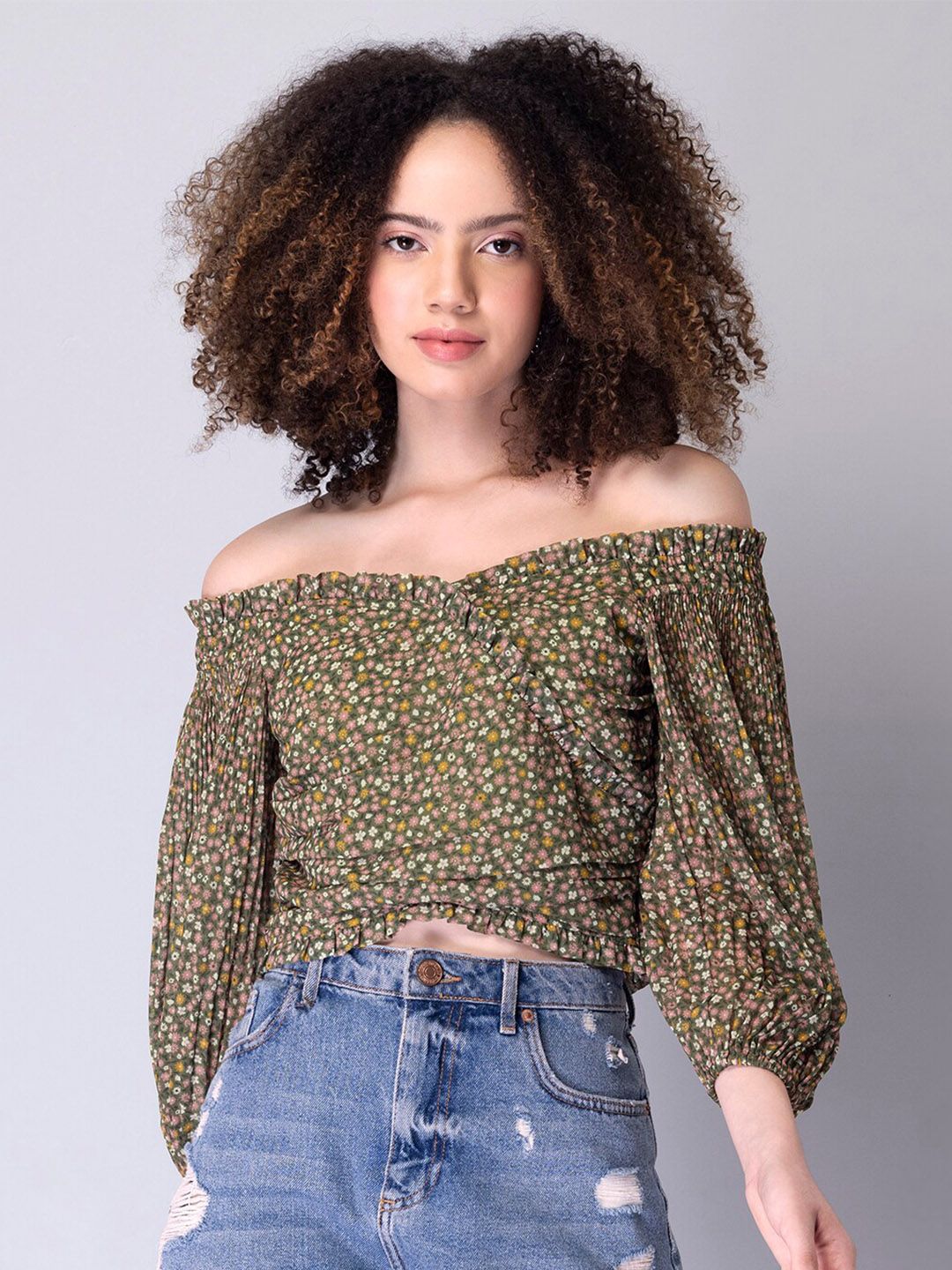 FabAlley Green Floral Print Off-Shoulder Georgette Bardot Crop Top Price in India