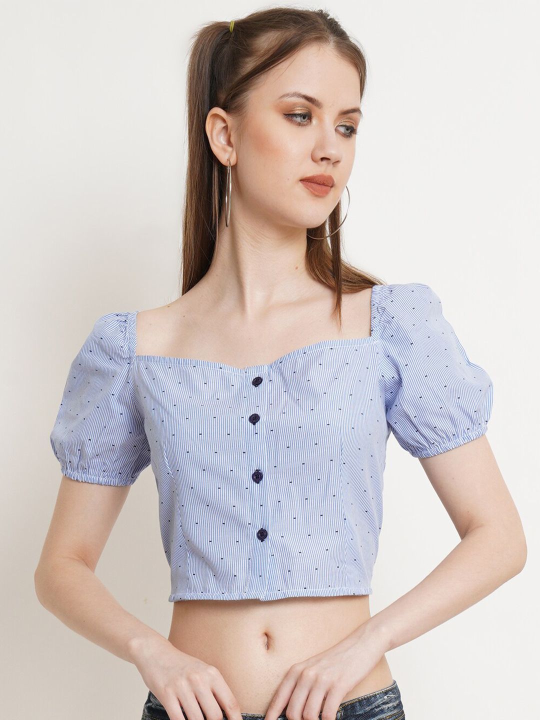 IX IMPRESSION Blue Striped Sweetheart Neck Crop Top Price in India