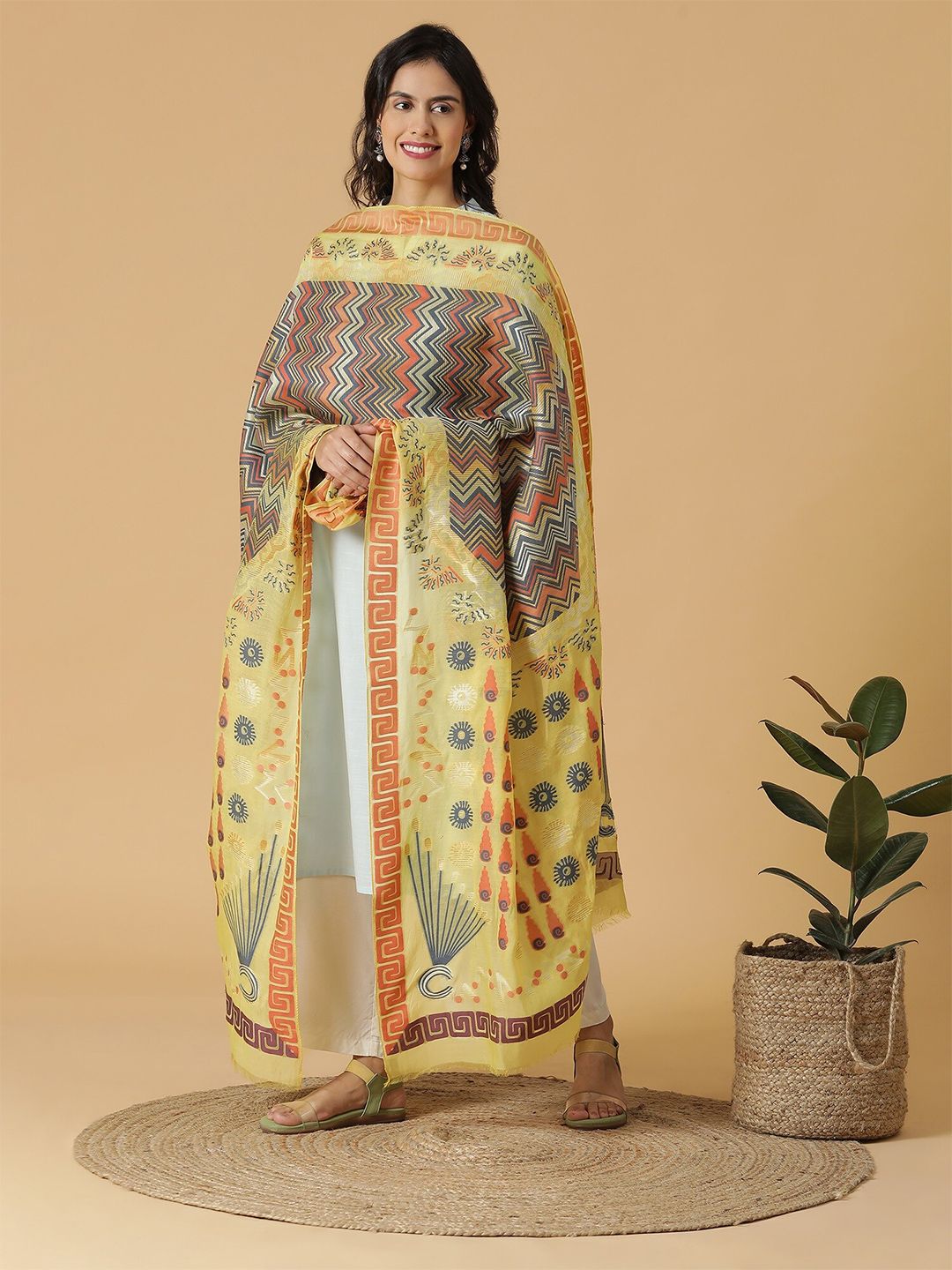SHINGORA Yellow & Grey Woven Design Dupatta