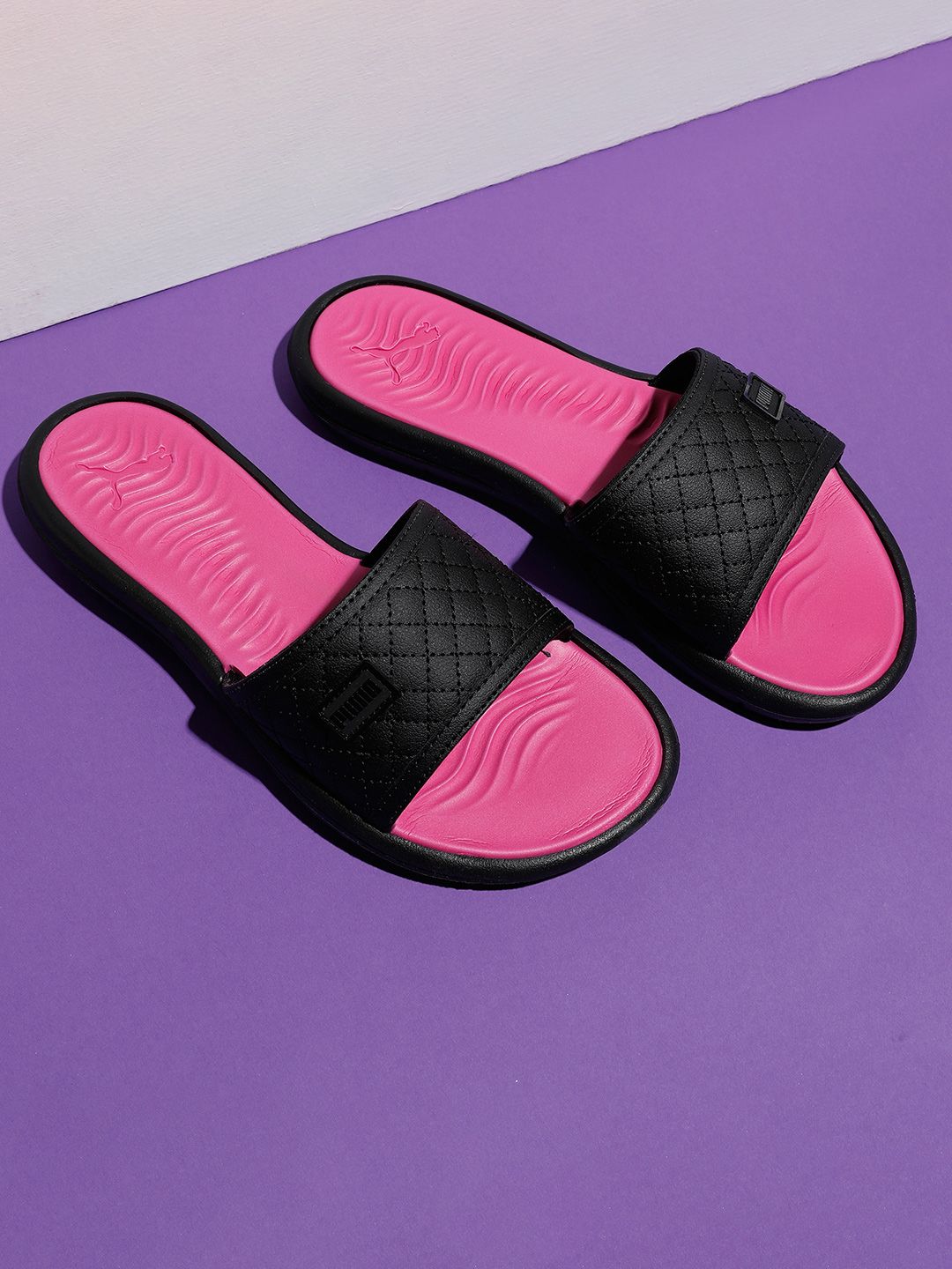 Puma Women Black & Fuchsia Solid Quilt Sliders