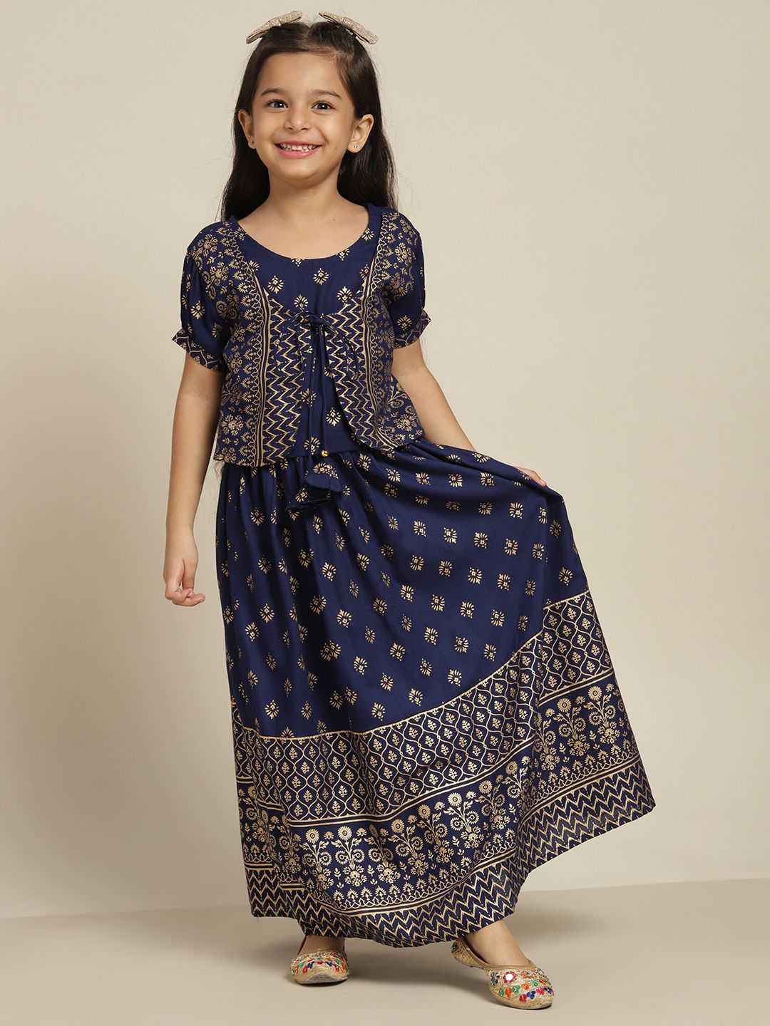 Sangria Girls Navy Blue & Gold-Toned Ethnic Motifs Print Ready to Wear Lehenga Choli Price in India