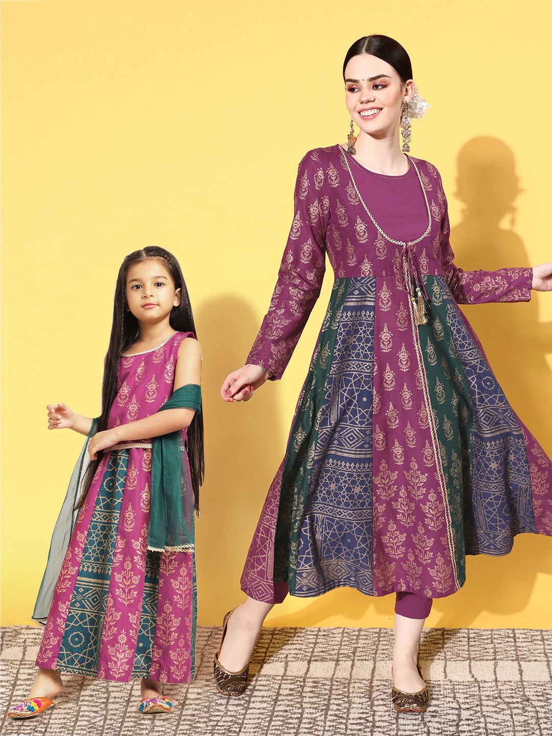 Sangria Girls Purple & Green Ethnic Motifs Print Ready to Wear Lehenga Choli with Dupatta Price in India
