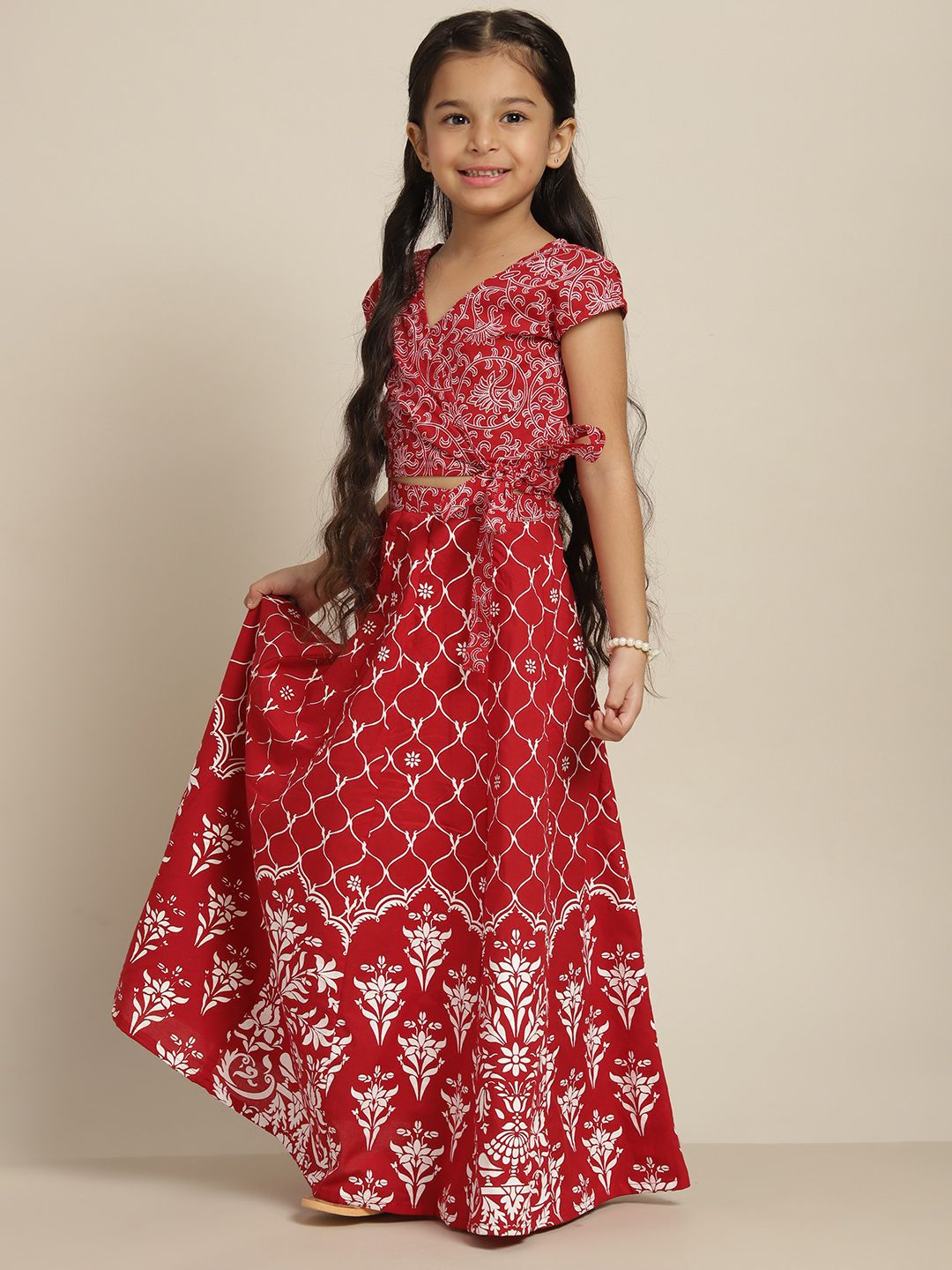 Sangria Teen Girls Red & White Ethnic Motifs Print  Ready to Wear Cotton Lehenga Choli Price in India