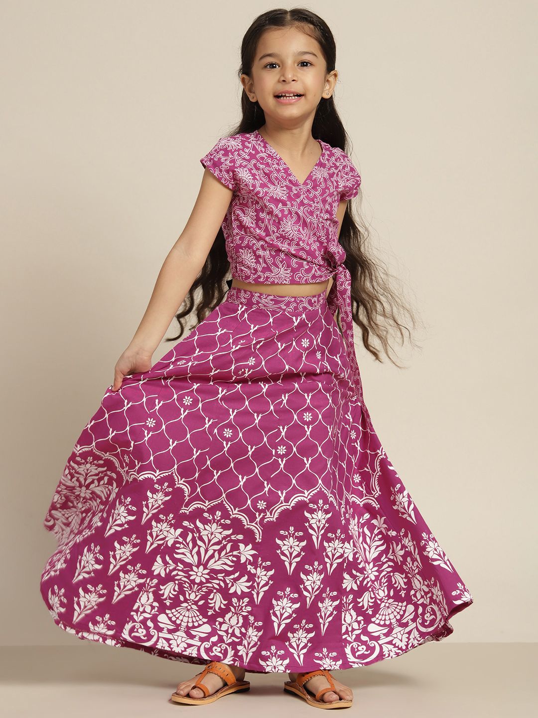 Sangria Teen Girls Purple & White Ethnic Motifs Print  Ready to Wear Cotton Lehenga Choli Price in India