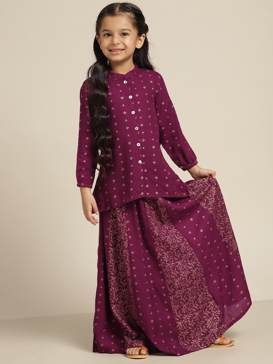 Sangria Girls Purple & Golden Ethnic Motifs Print Ready to Wear Lehenga & Blouse Price in India