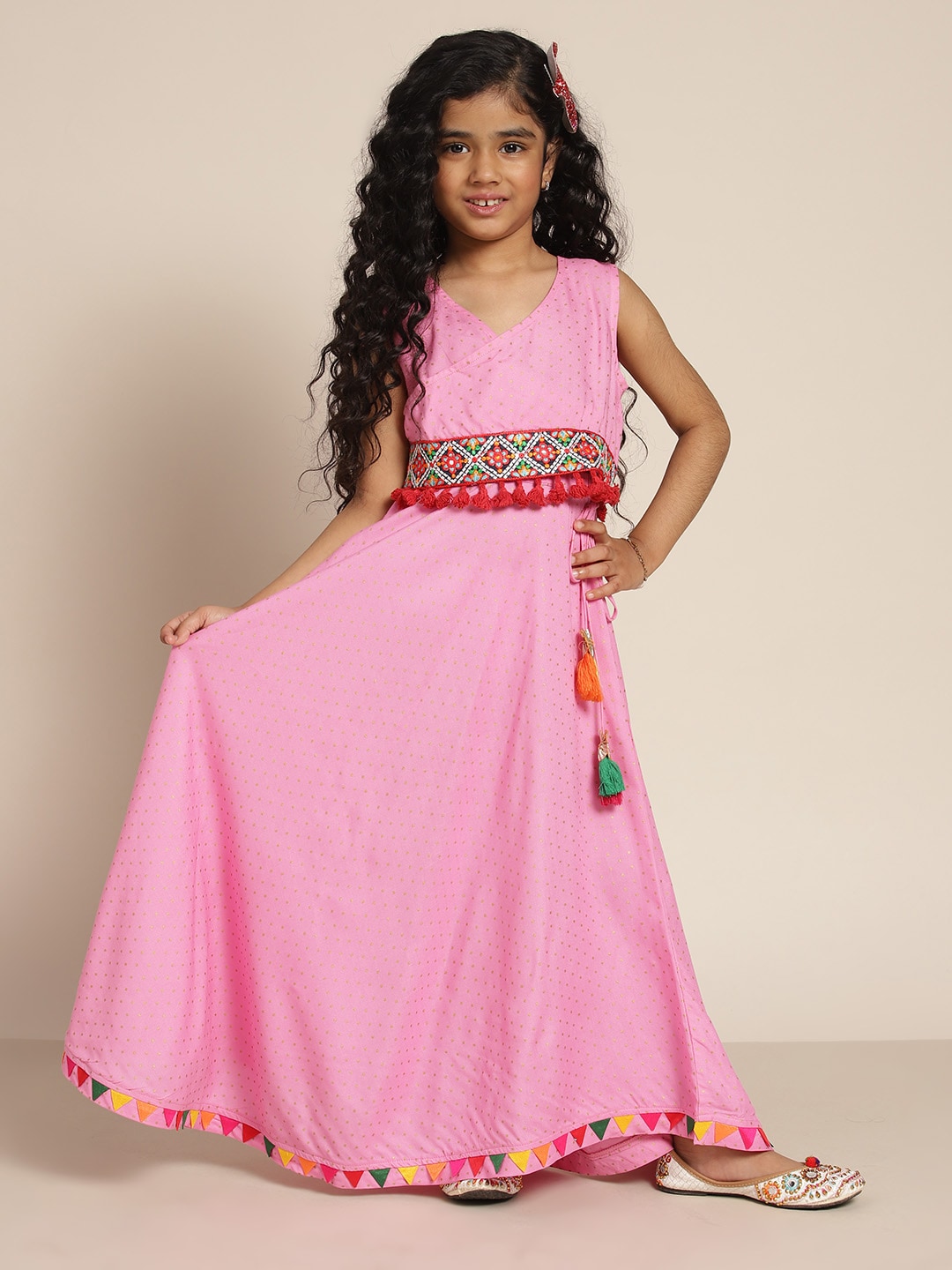 Sangria Girls Pink & Golden Polka Dots Print Rayon Ready to Wear Lehenga Choli Price in India