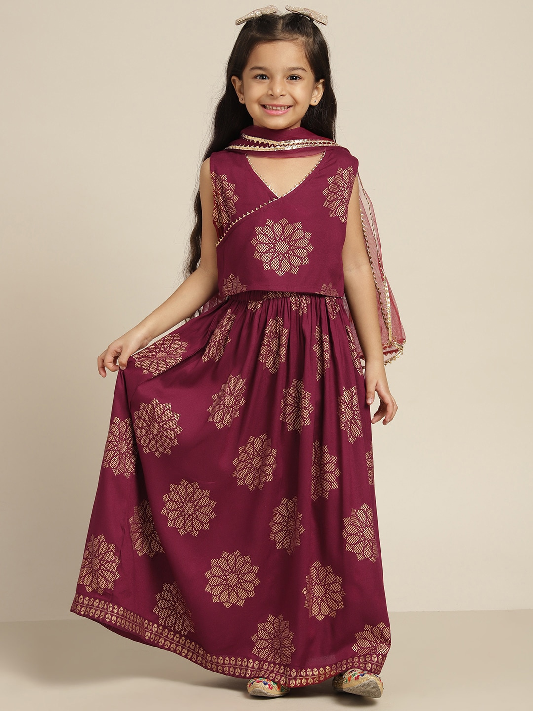 Sangria Girls Maroon & Gold-Toned Floral Print Ready to Wear Lehenga Choli Price in India