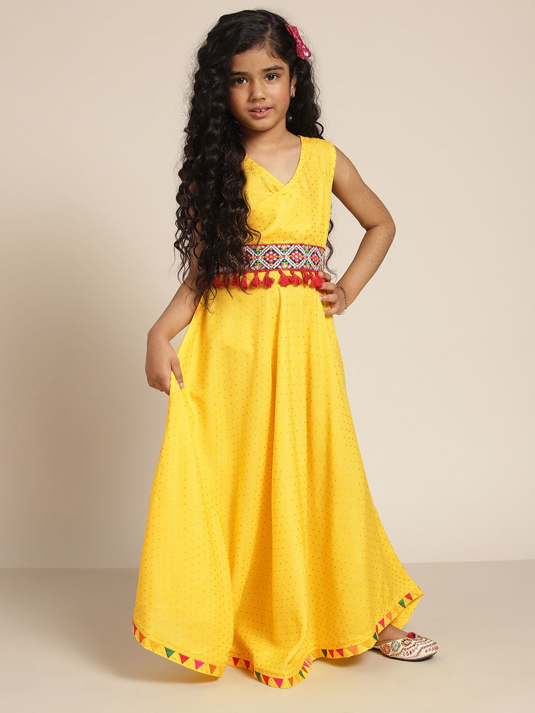 Sangria Girls Yellow & Gold Polka Dots Print Ready to Wear Lehenga Choli Price in India