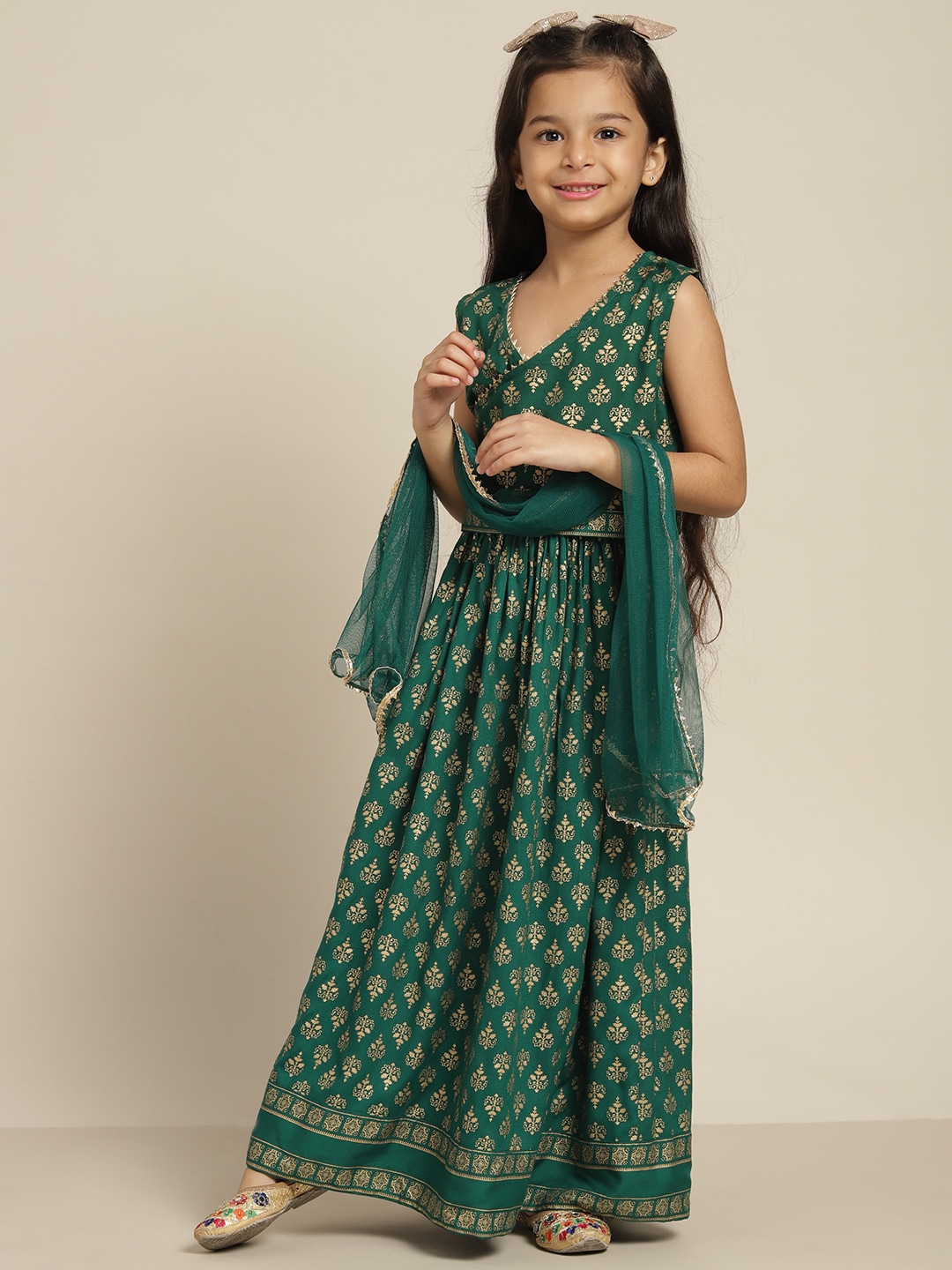 Sangria Girls Green & Golden Ethnic Motifs Print Ready to Wear Lehenga Choli With Dupatta Price in India