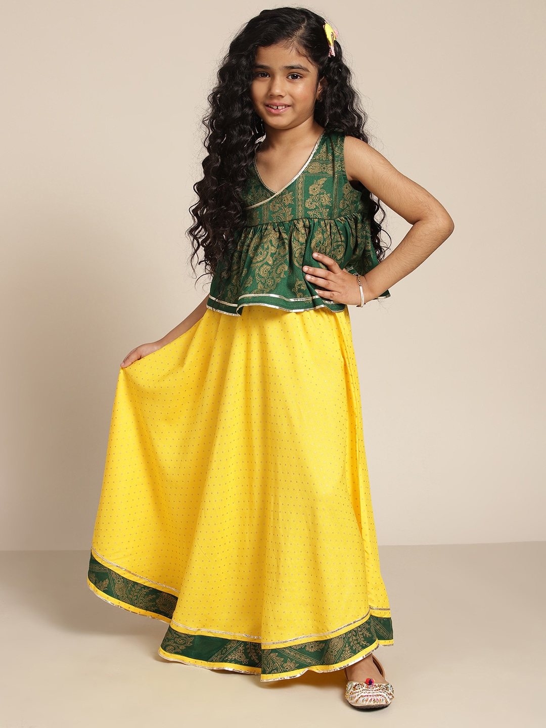 Sangria Girls Green & Yellow Ethnic Motifs Print Ready to Wear Lehenga Choli Price in India