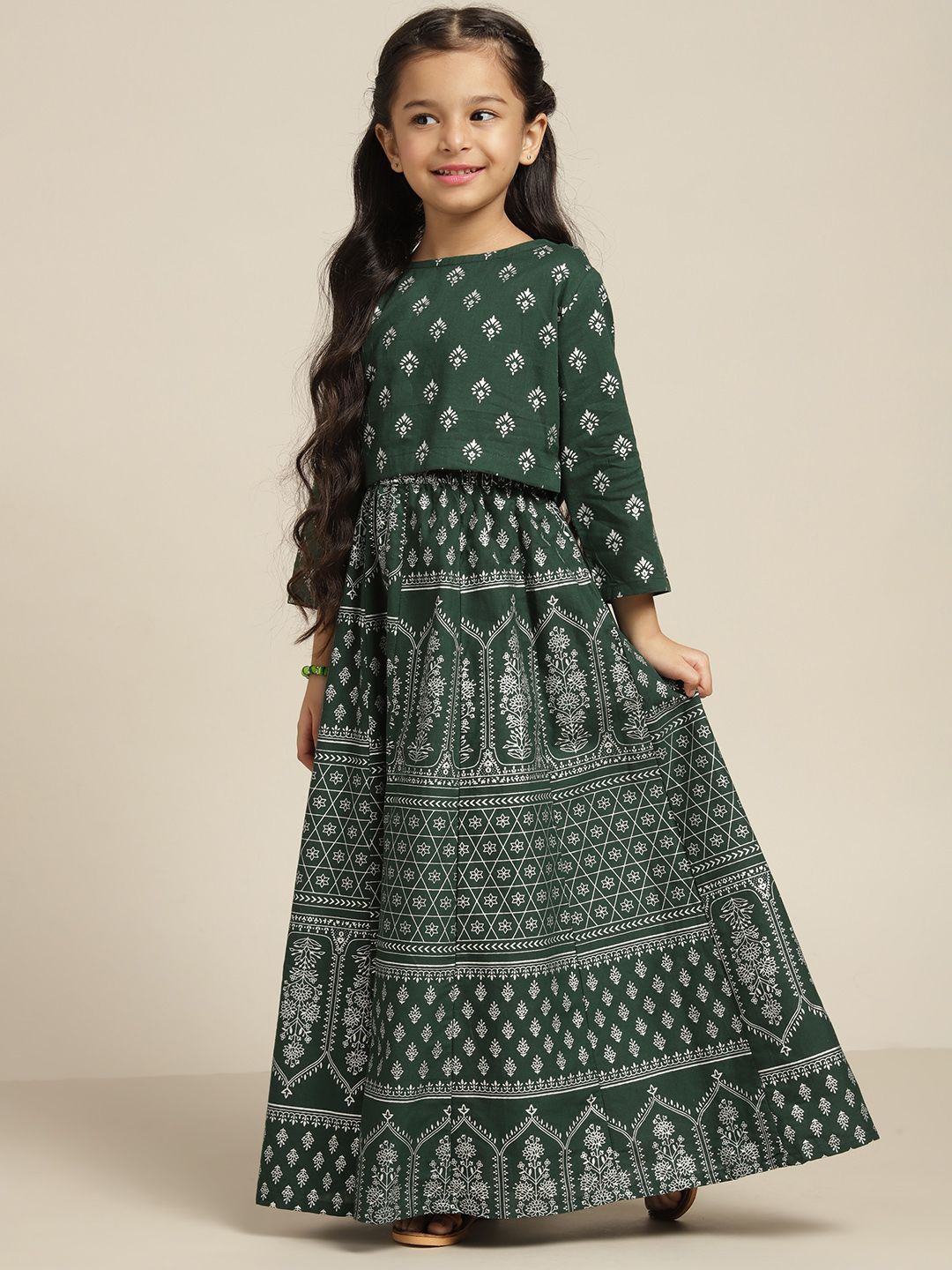 Sangria Girls Green & Silver Ethnic Motifs Print Cotton Ready to Wear Lehenga & Choli Price in India
