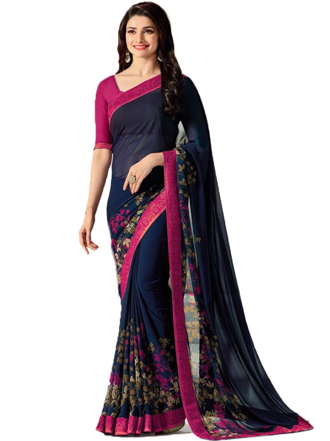 Zainab chottani Black & Pink Floral Pure Georgette Saree