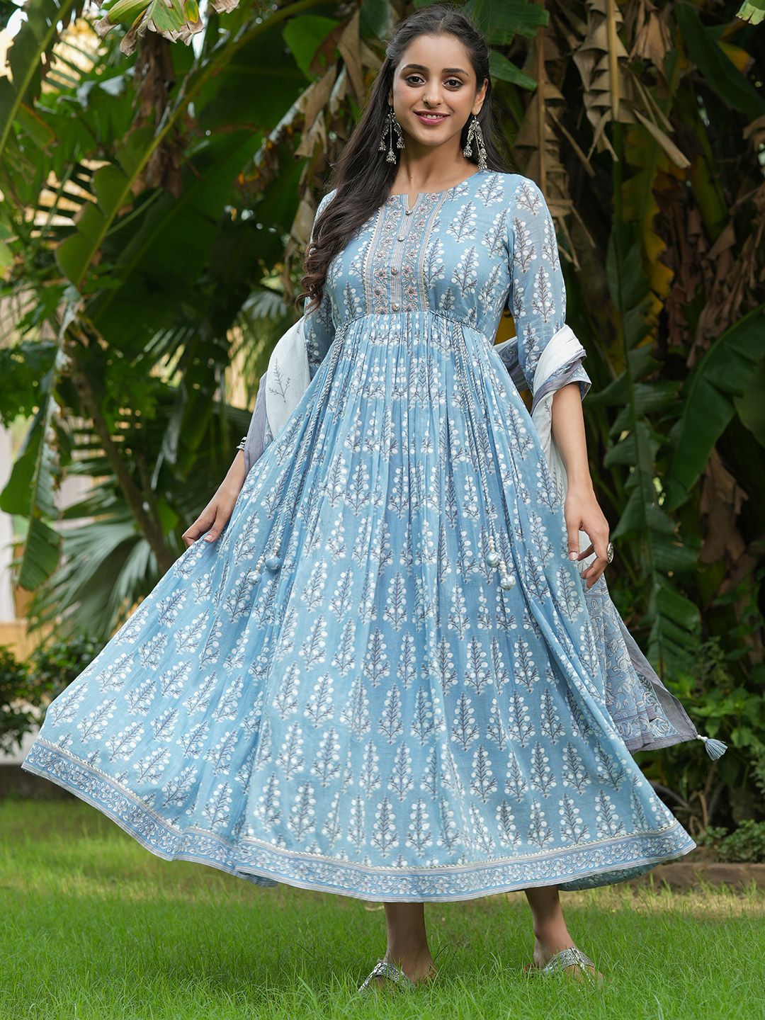 PIROH Grey Floral Ethnic Maxi Dress Price in India